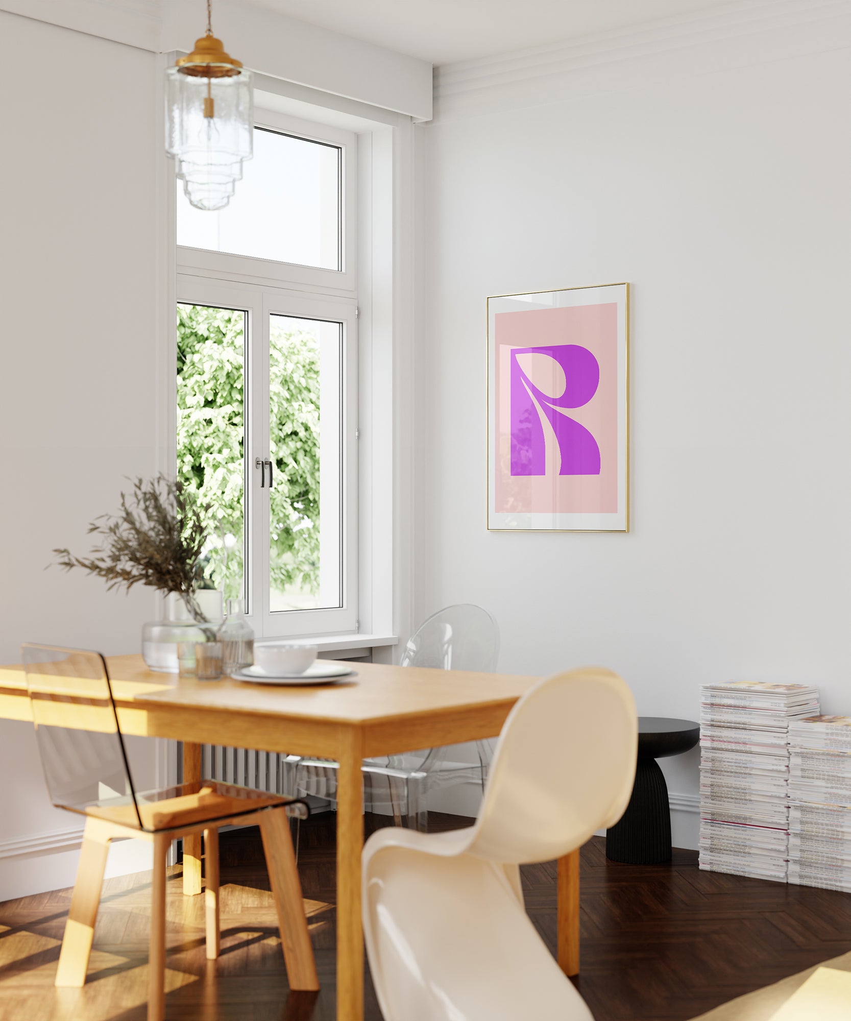 Chic 'R LETTER' modern initial, framed wall art prints for an elegant minimalist aesthetic.