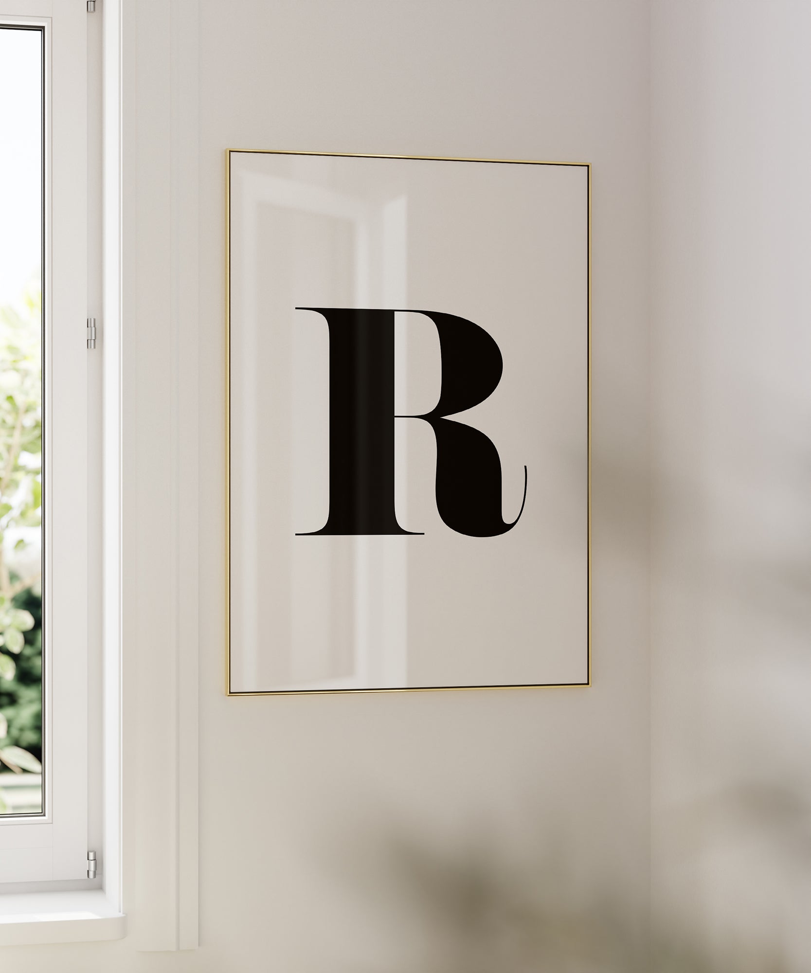 Classic black and white 'R LETTER B&W' initial, modern wall decor for a sophisticated aesthetic.