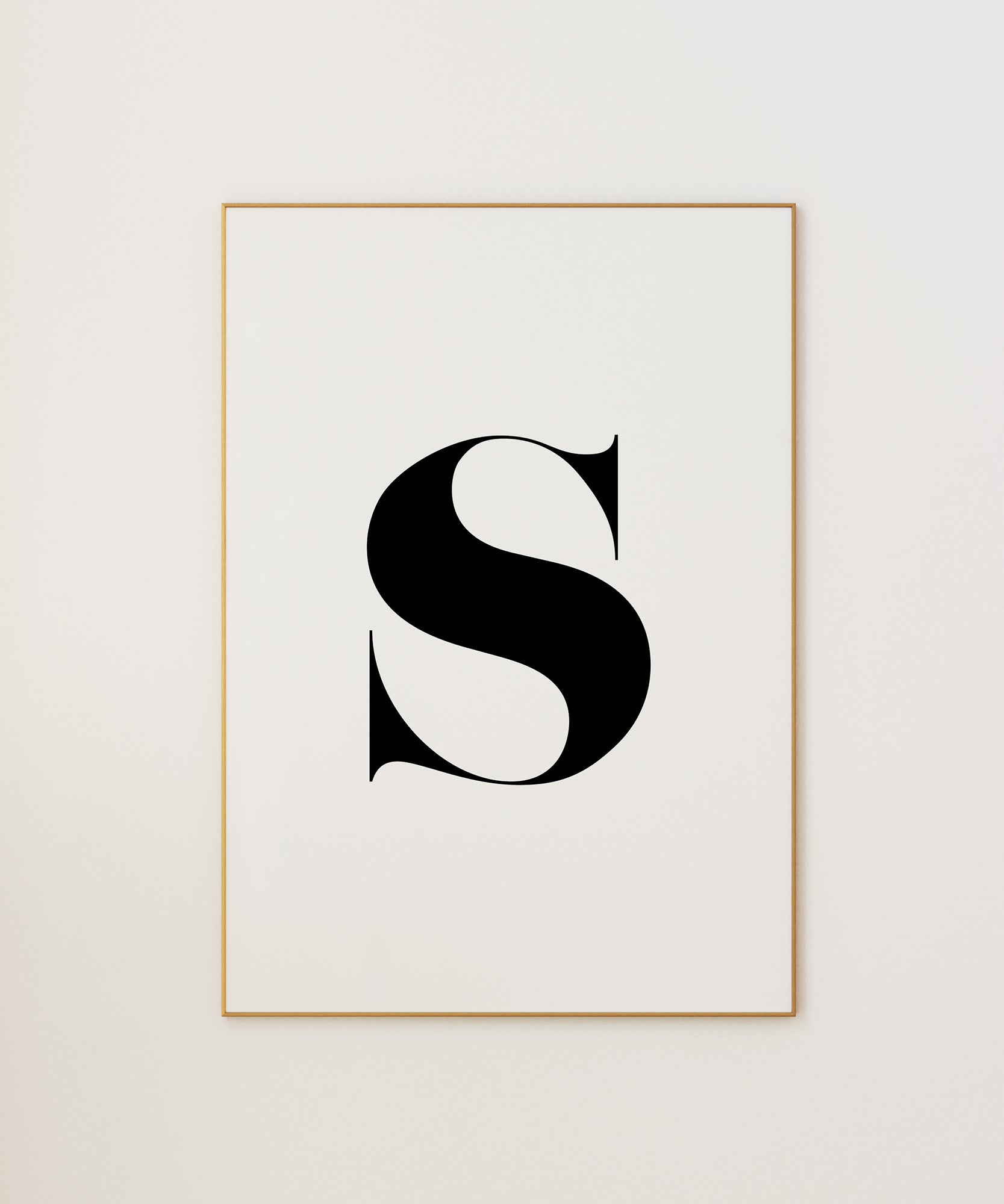 Striking black and white 'S LETTER B&W' initial, modern wall decor for a sophisticated gallery aesthetic.