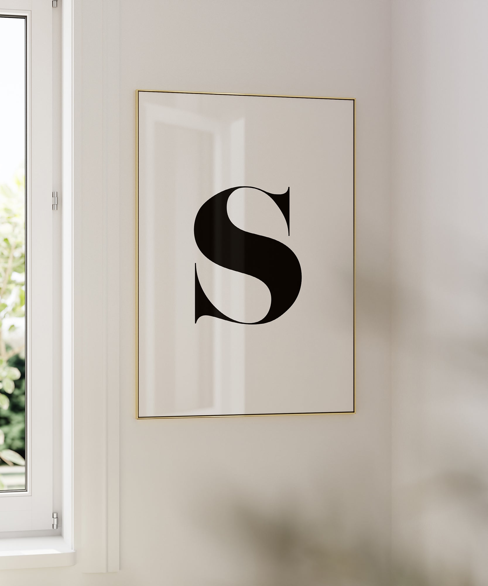 Striking black and white 'S LETTER B&W' initial, modern wall decor for a sophisticated gallery aesthetic.
