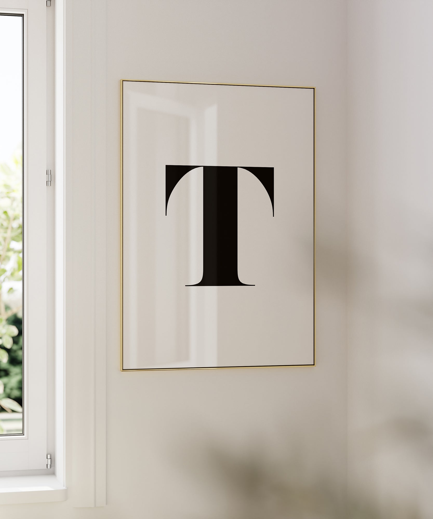 Timeless black and white 'T LETTER B&W' initial, minimalist wall art for a bold classic aesthetic.