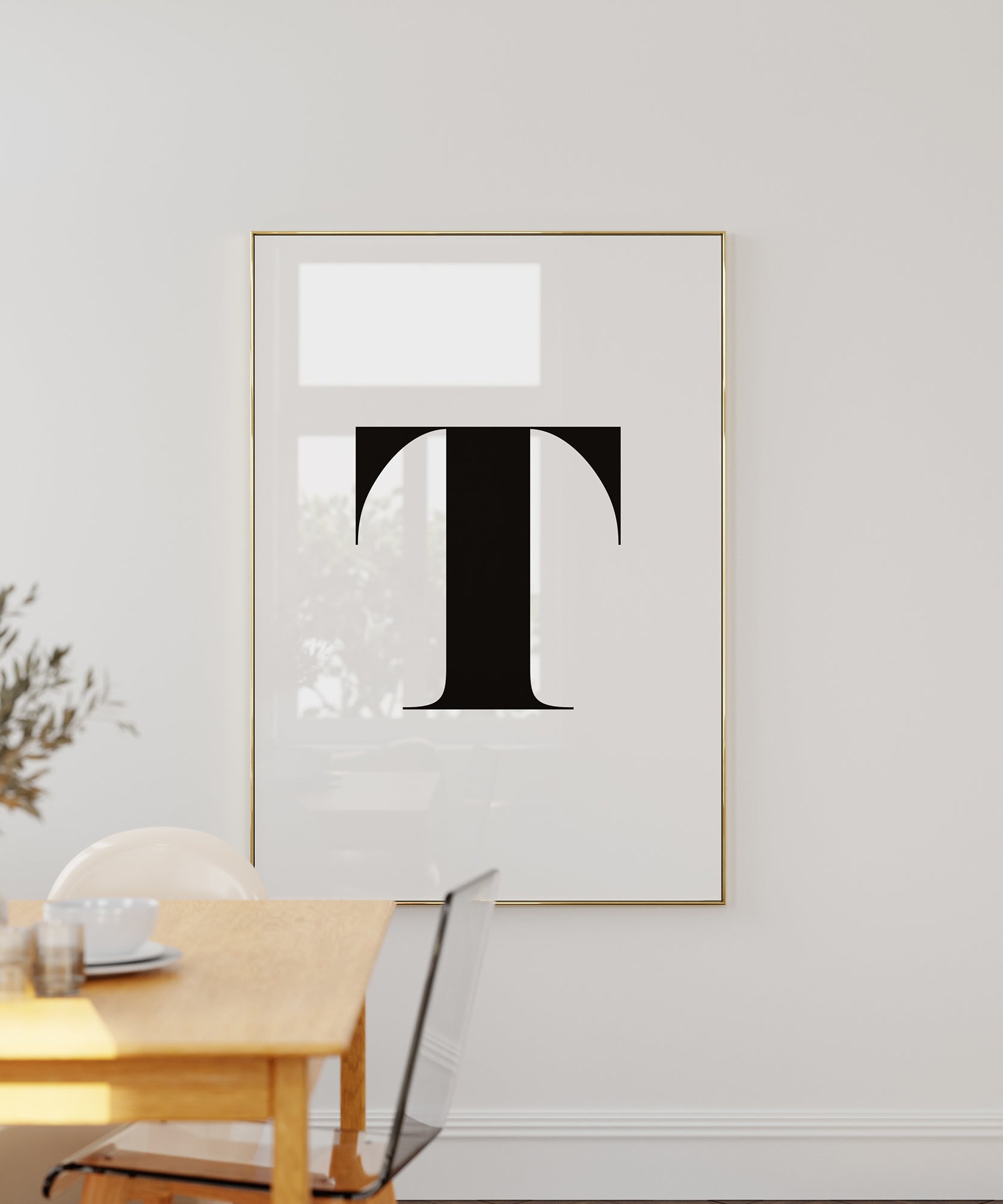 Timeless black and white 'T LETTER B&W' initial, minimalist wall art for a bold classic aesthetic.