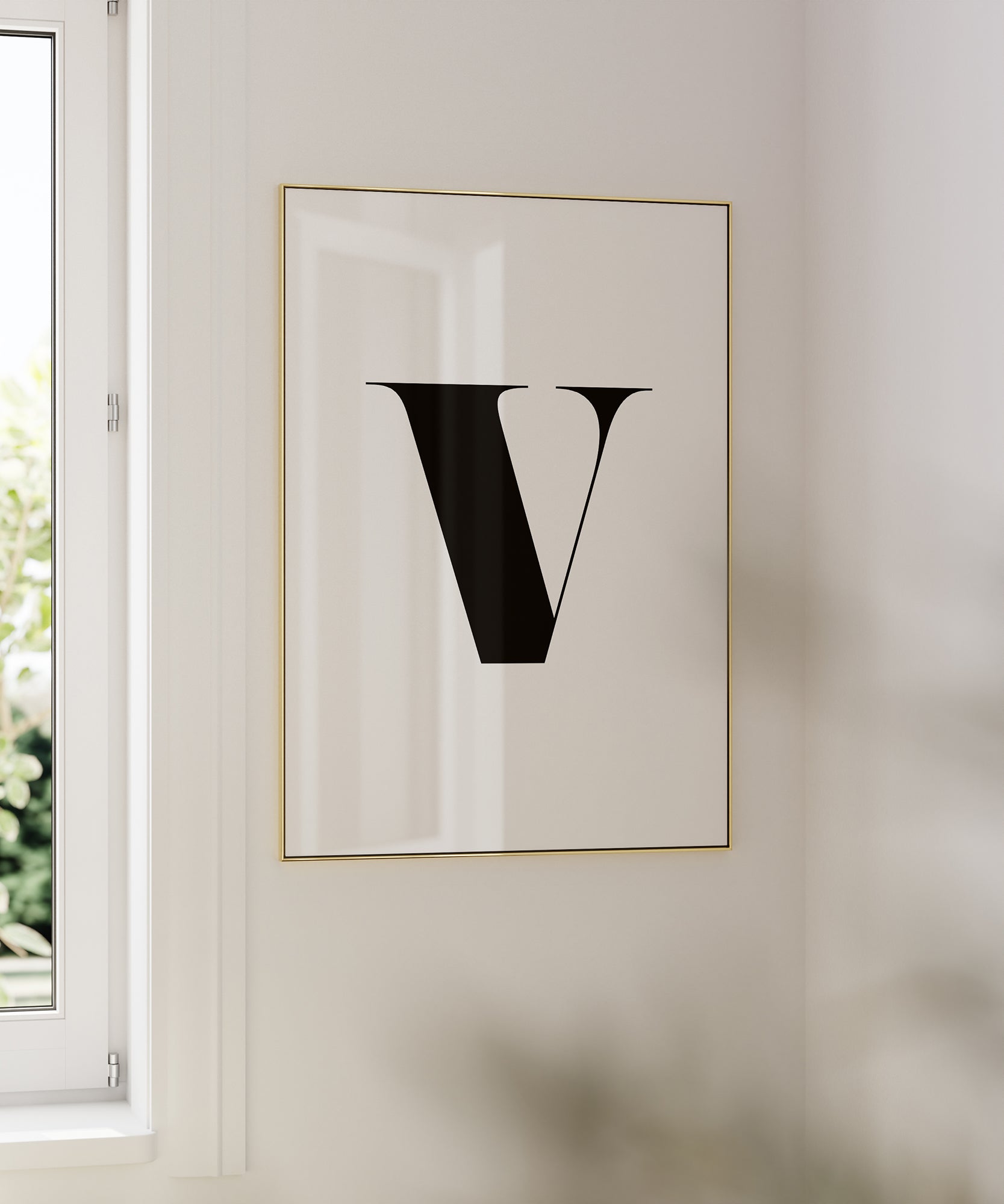 Timeless black and white 'V LETTER B&W' initial, minimalist wall art for a bold classic aesthetic.