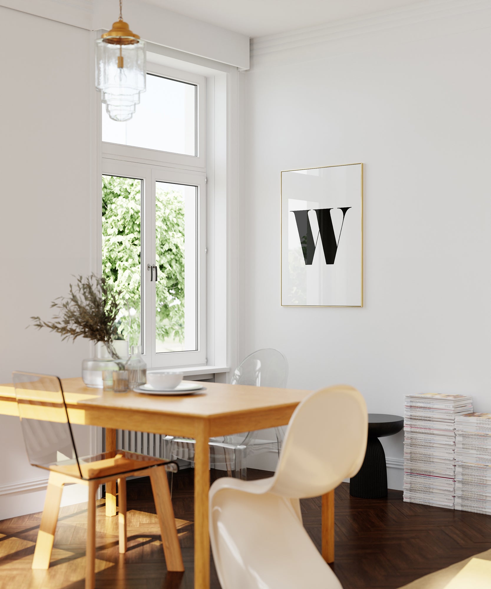 Sophisticated black and white 'W LETTER B&W' initial, modern wall decor for an elegant aesthetic edge.