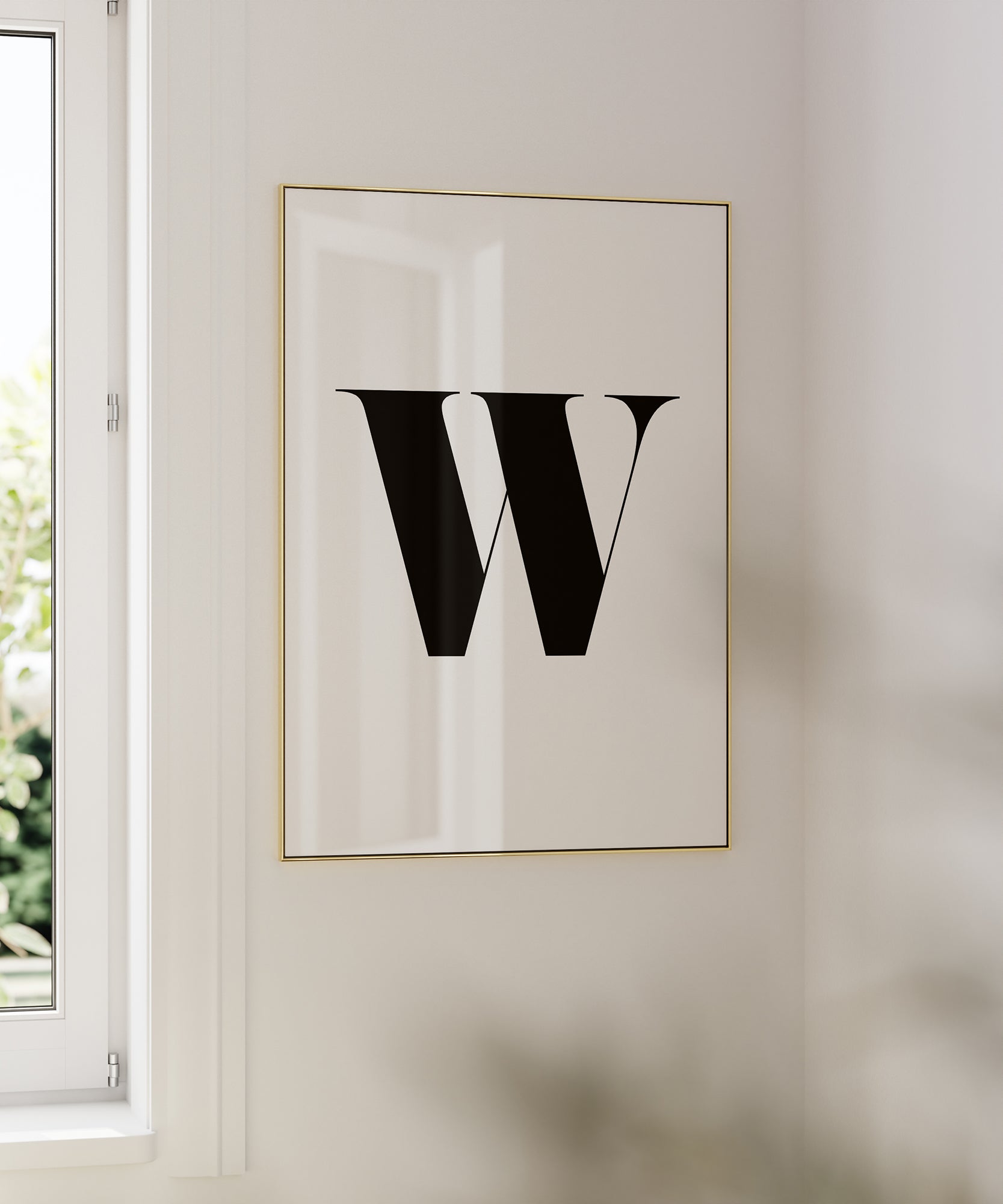 Sophisticated black and white 'W LETTER B&W' initial, modern wall decor for an elegant aesthetic edge.