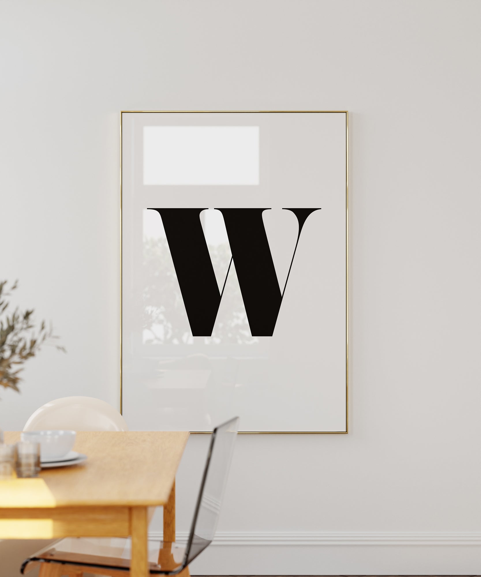 Sophisticated black and white 'W LETTER B&W' initial, modern wall decor for an elegant aesthetic edge.