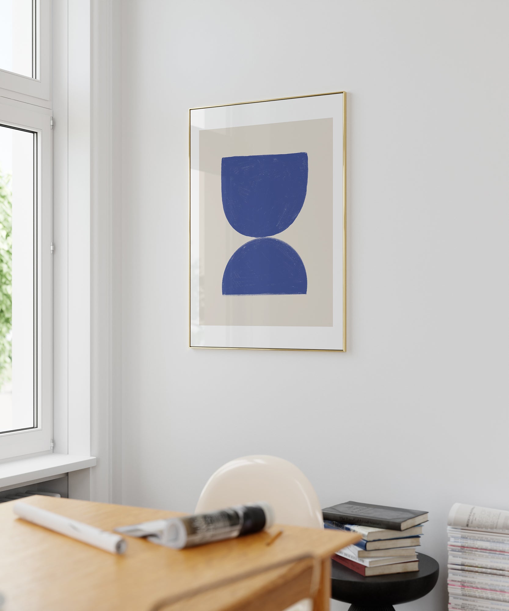 Blue abstract 'Rumi Blue' design, minimalist wall art with a Scandinavian aesthetic for modern interiors.