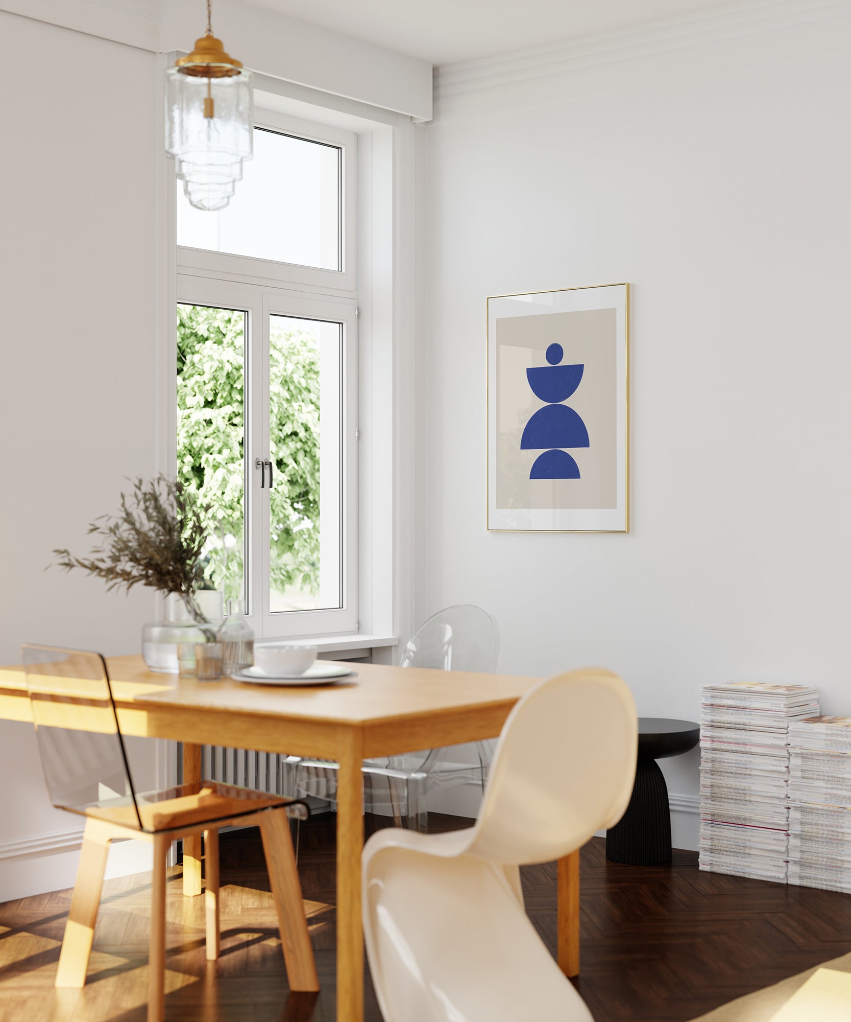 Blue Mid-Century Modern geometric 'Mid-Century Blue', framed abstract prints for a versatile aesthetic.
