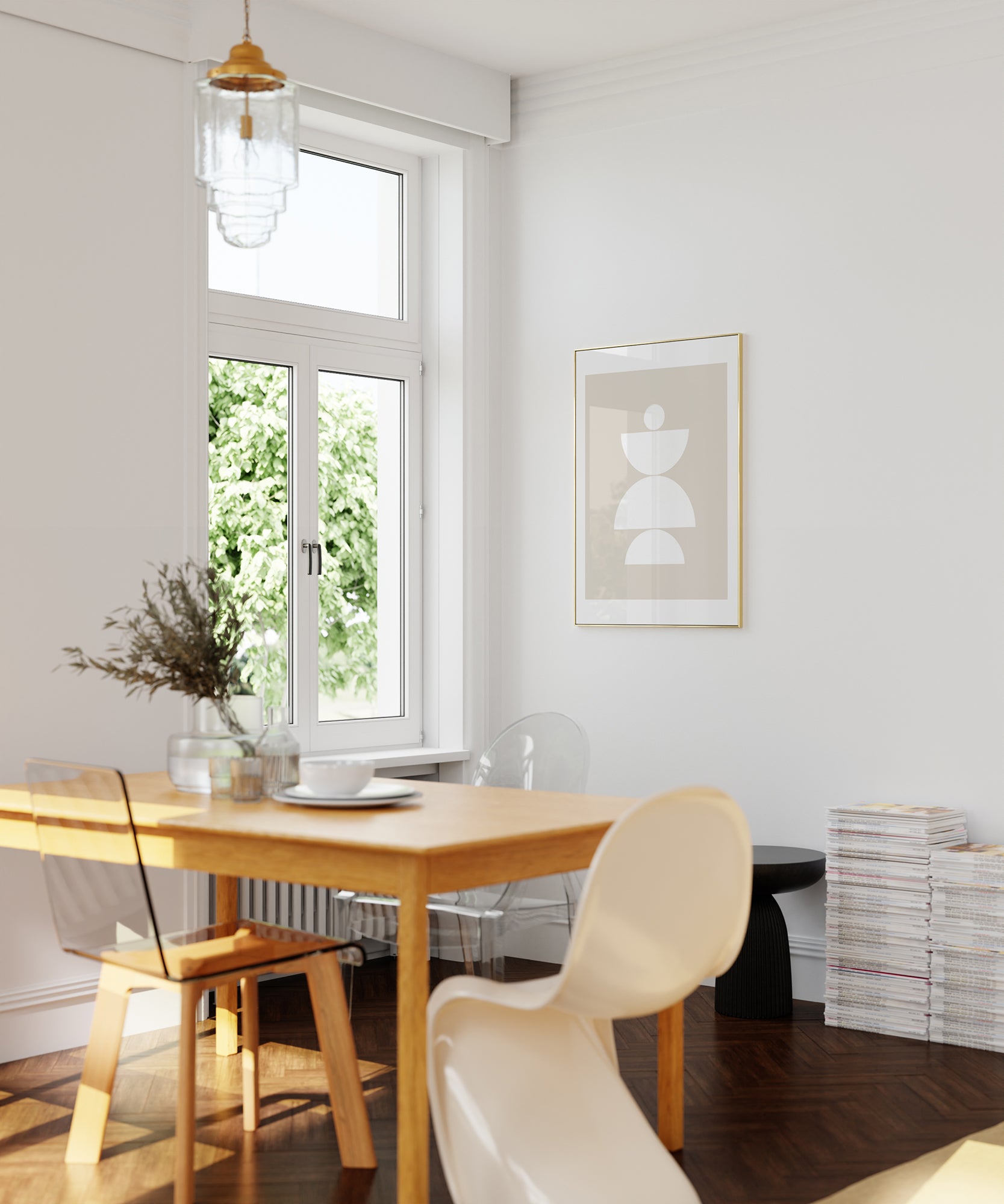 White Mid-Century Modern abstract 'Mid-Century White', minimalist modern wall decor for versatile style.