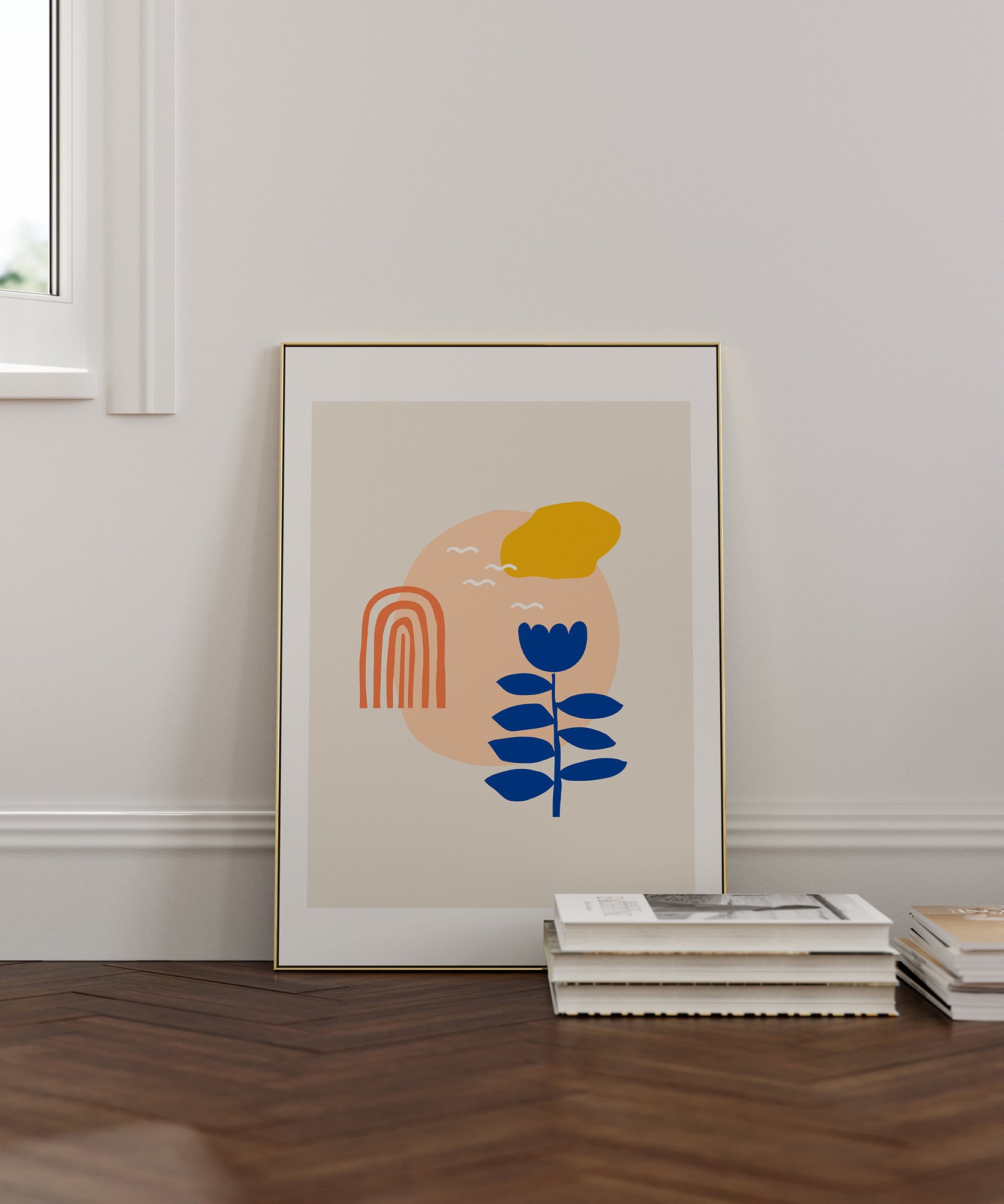 Abstract 'Flying Birds' in flight, framed wall art prints with a serene minimalist aesthetic.