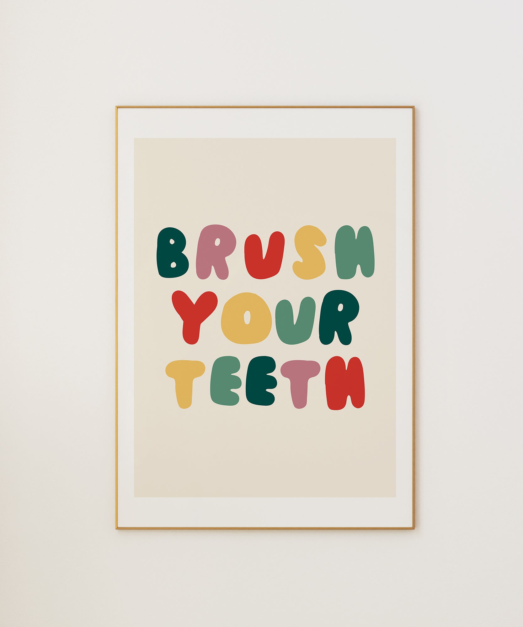 Brush Your Teeth' humorous typography print, fun framed wall art for a modern bathroom aesthetic.