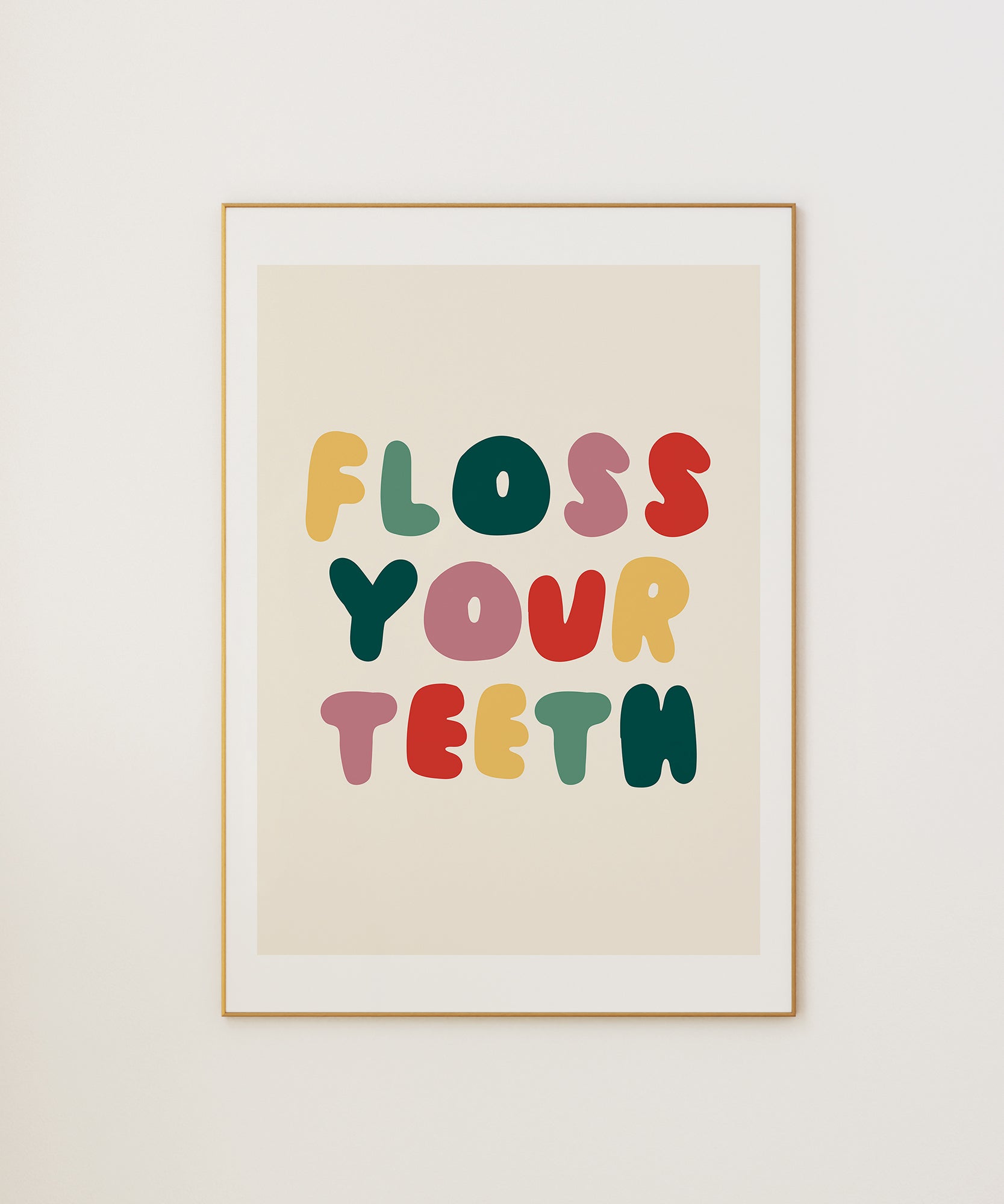 Floss Your Teeth' quirky typography, minimalist wall art for a fun bathroom aesthetic.