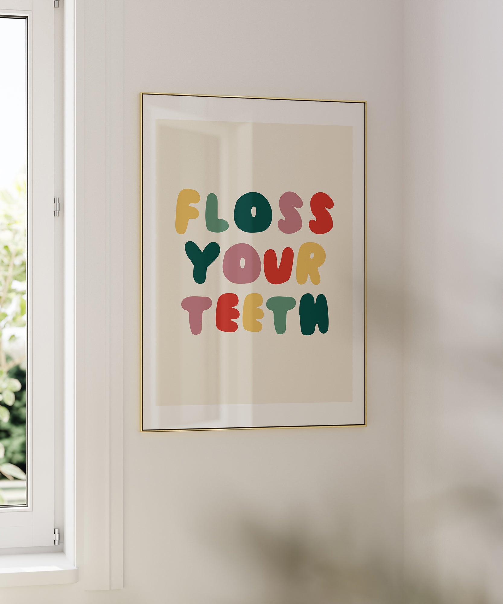 Floss Your Teeth' quirky typography, minimalist wall art for a fun bathroom aesthetic.