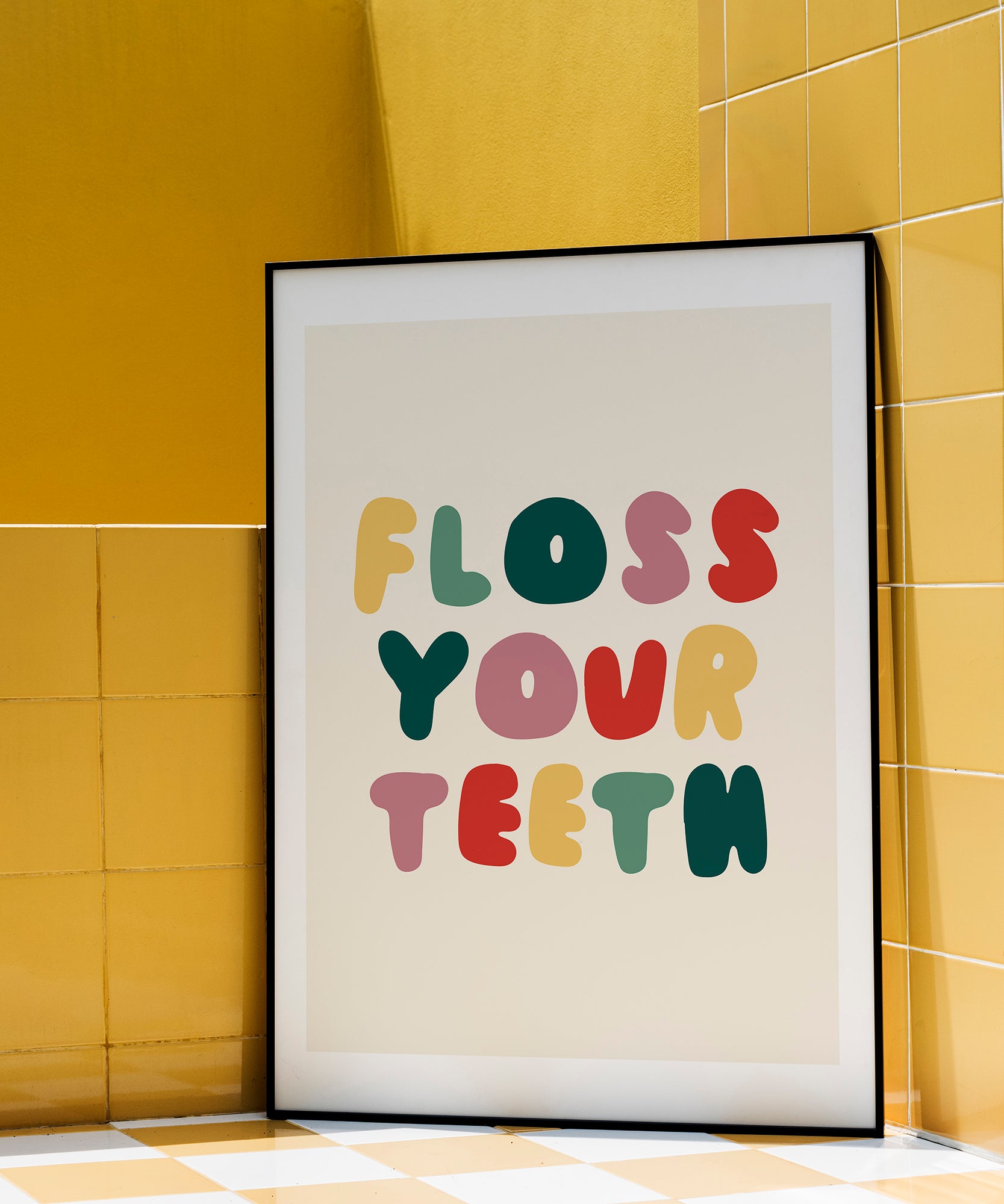 Floss Your Teeth' quirky typography, minimalist wall art for a fun bathroom aesthetic.