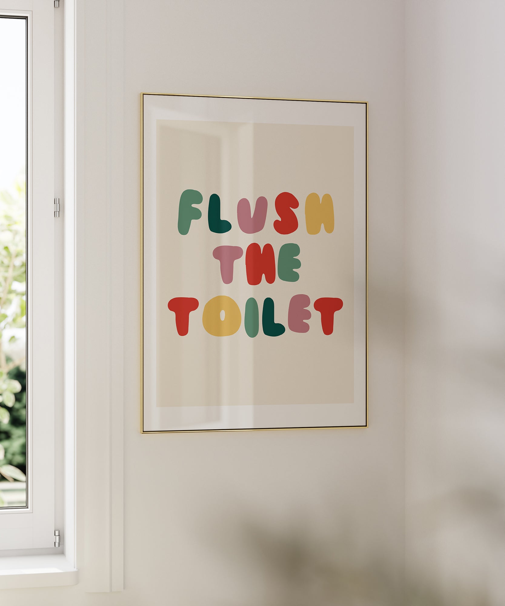 Flush The Toilet' playful typography, aesthetic canvas-style print for modern restroom decor.