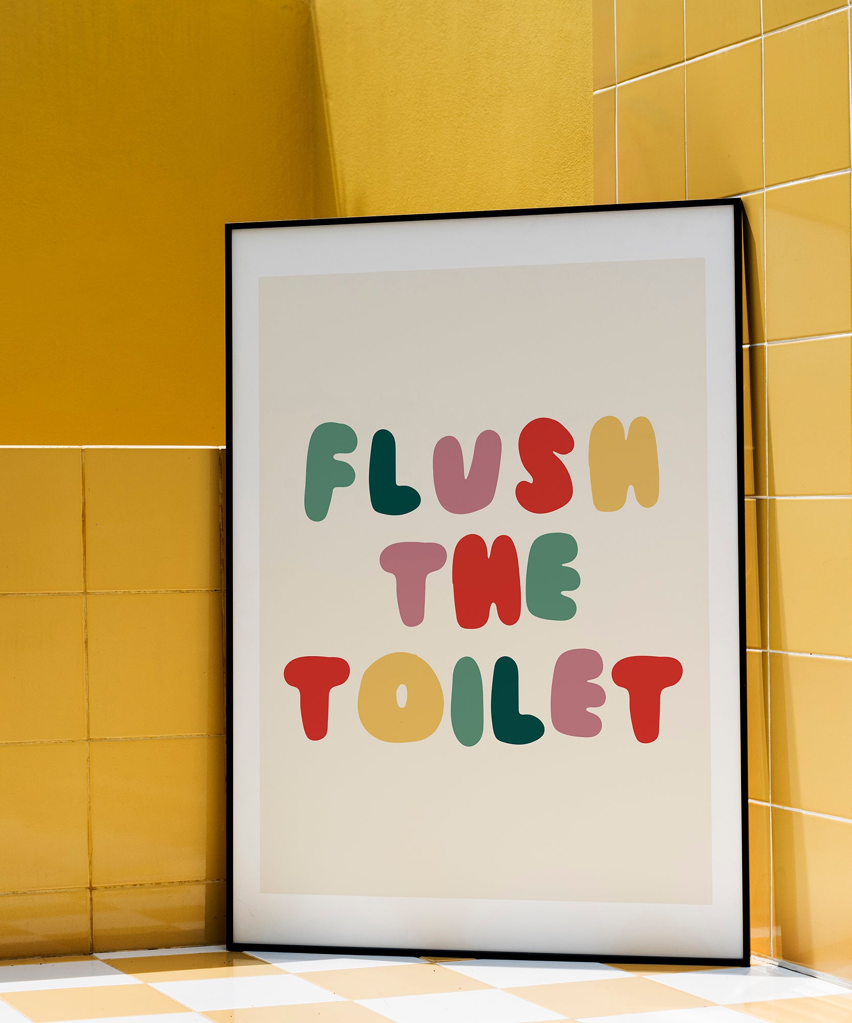 Flush The Toilet' playful typography, aesthetic canvas-style print for modern restroom decor.
