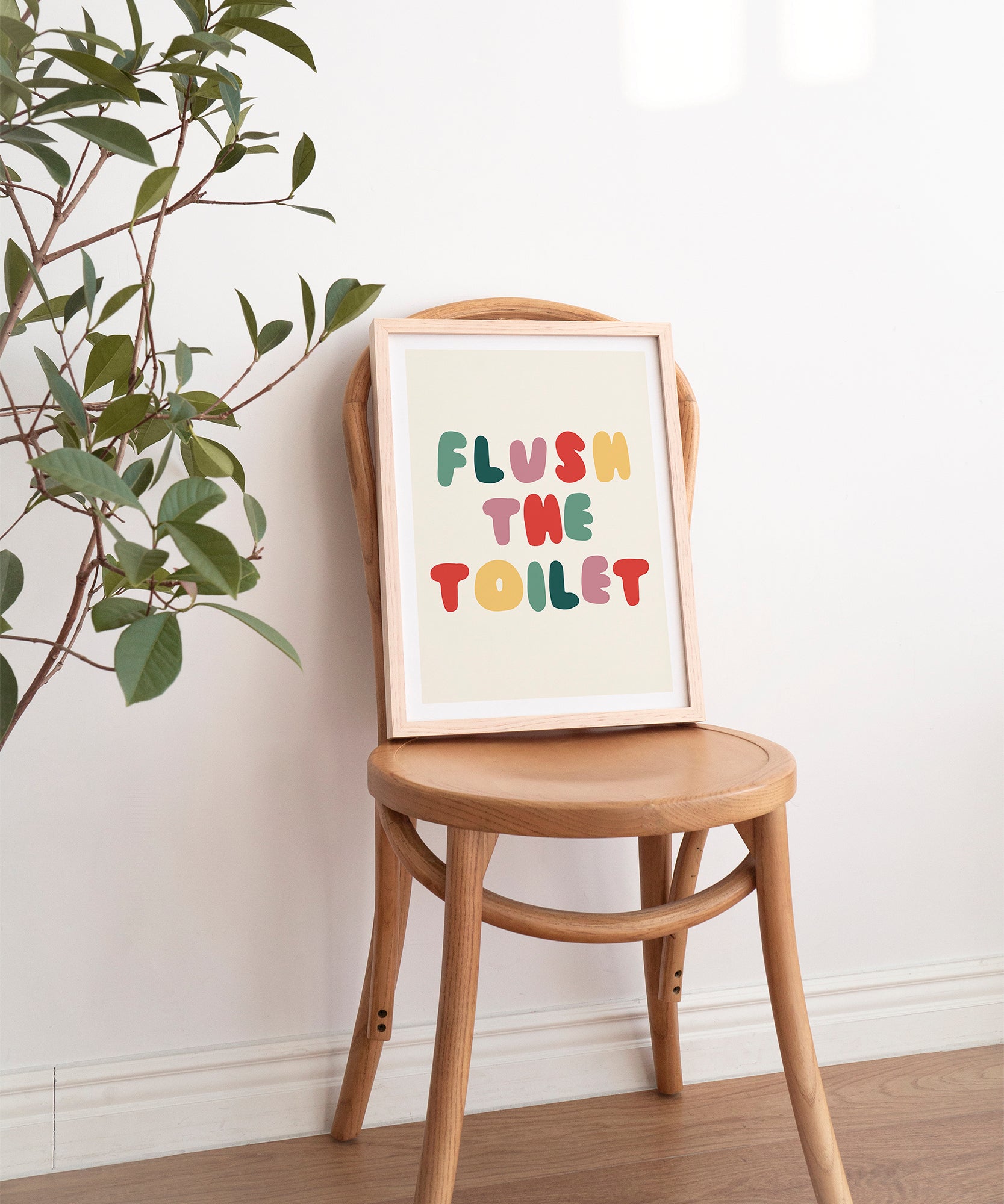 Flush The Toilet' playful typography, aesthetic canvas-style print for modern restroom decor.