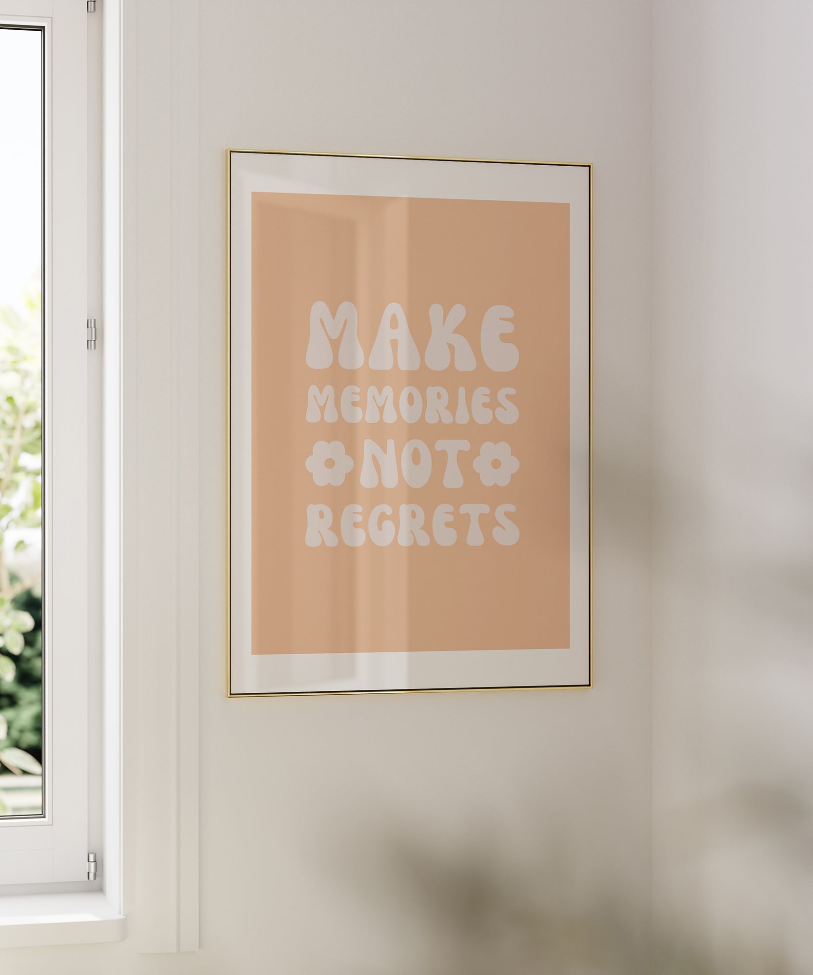 Salmon 'Make Memories' retro typography, framed abstract prints for a warm, charming aesthetic.