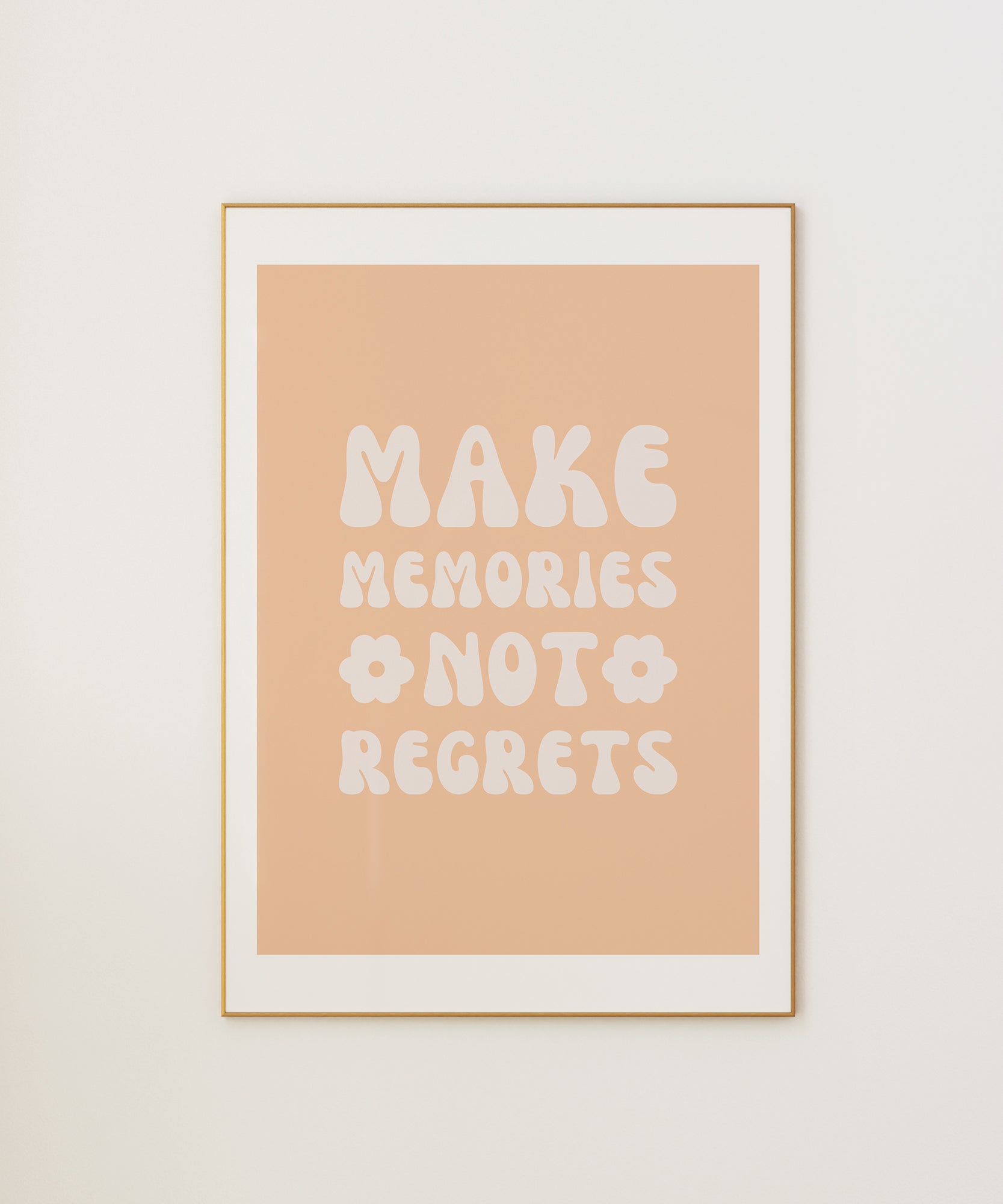 Salmon 'Make Memories' retro typography, framed abstract prints for a warm, charming aesthetic.