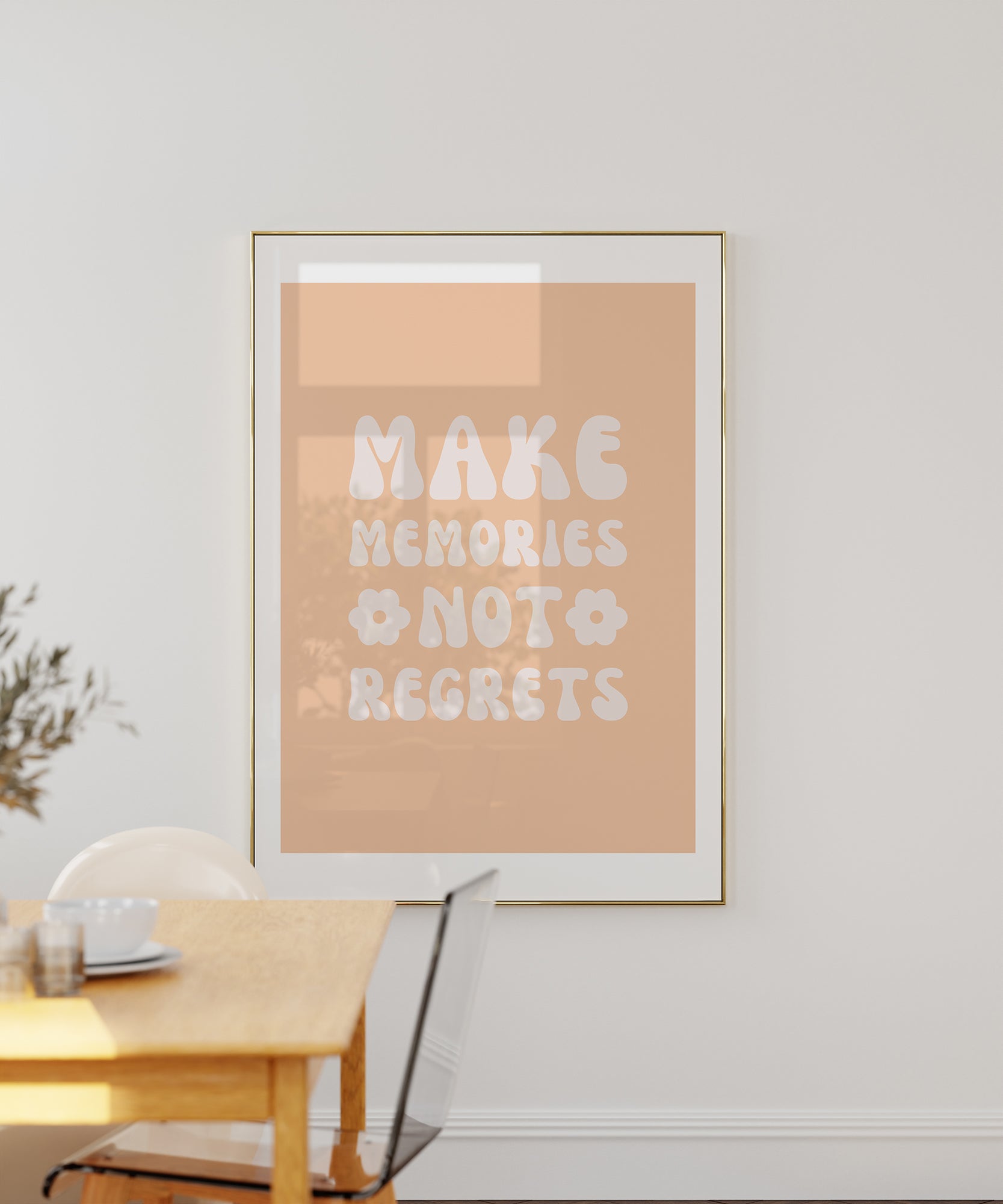 Salmon 'Make Memories' retro typography, framed abstract prints for a warm, charming aesthetic.