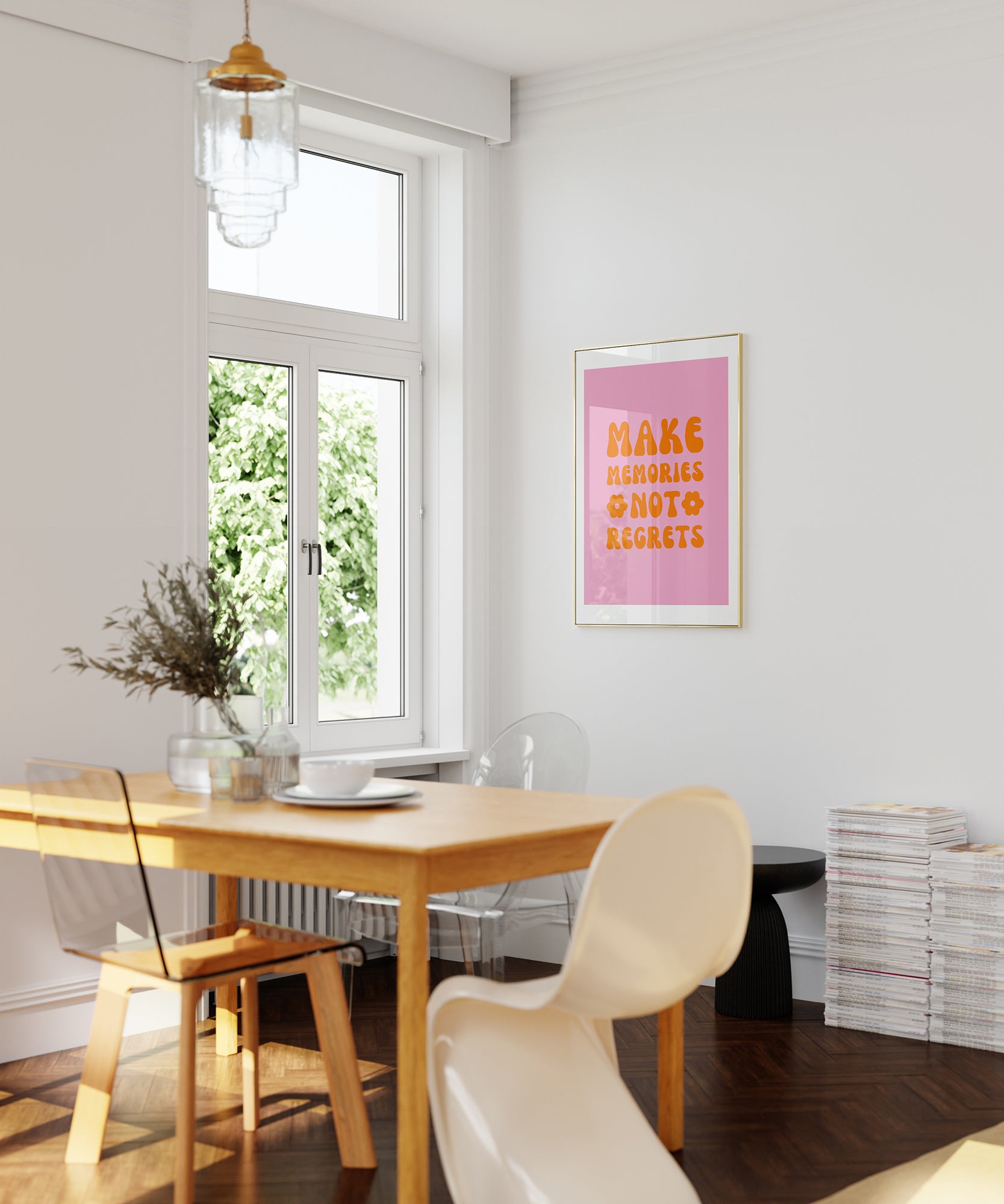 Pink 'Make Memories' retro quote, cheerful minimalist prints for a unique aesthetic.