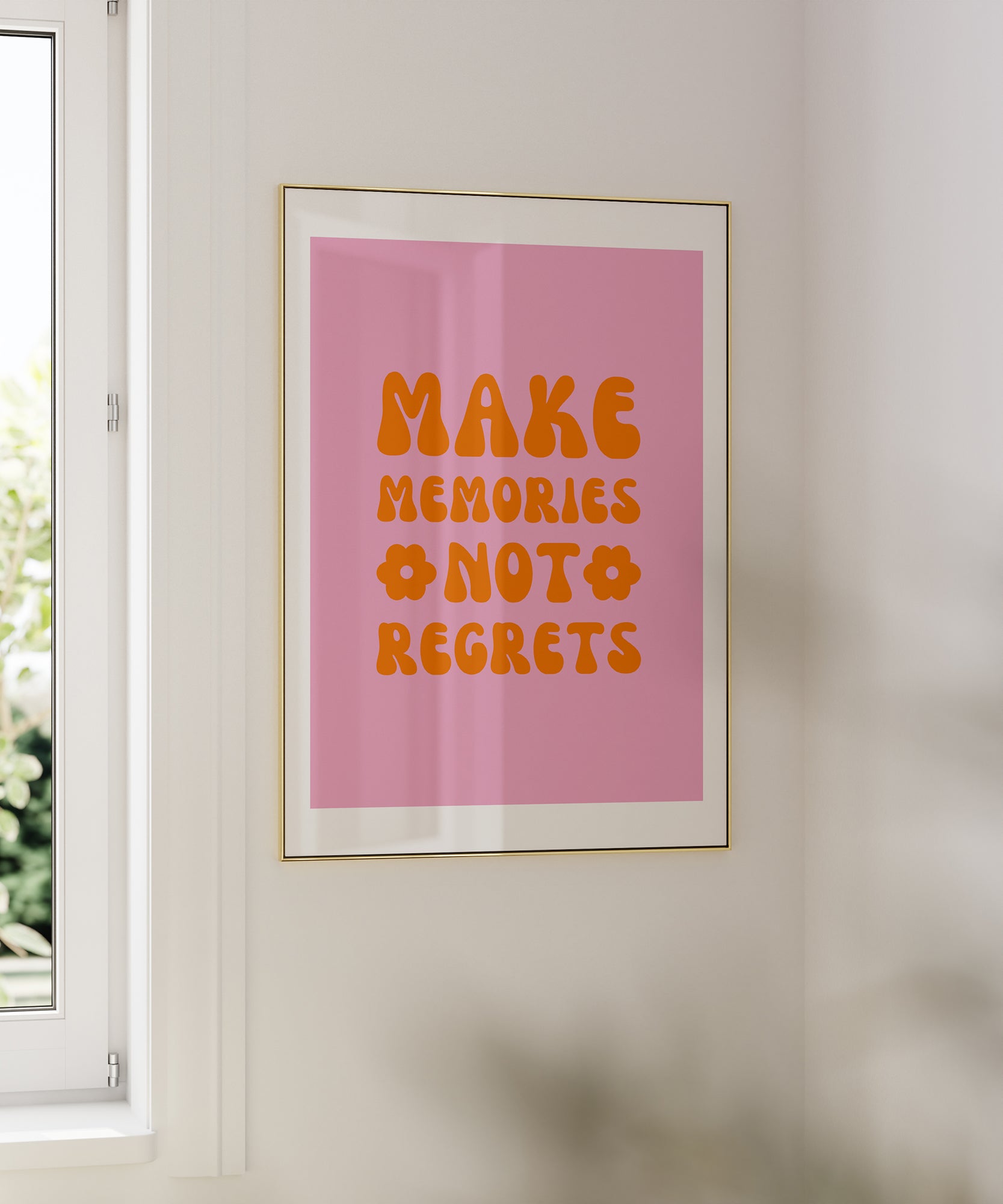 Pink 'Make Memories' retro quote, cheerful minimalist prints for a unique aesthetic.