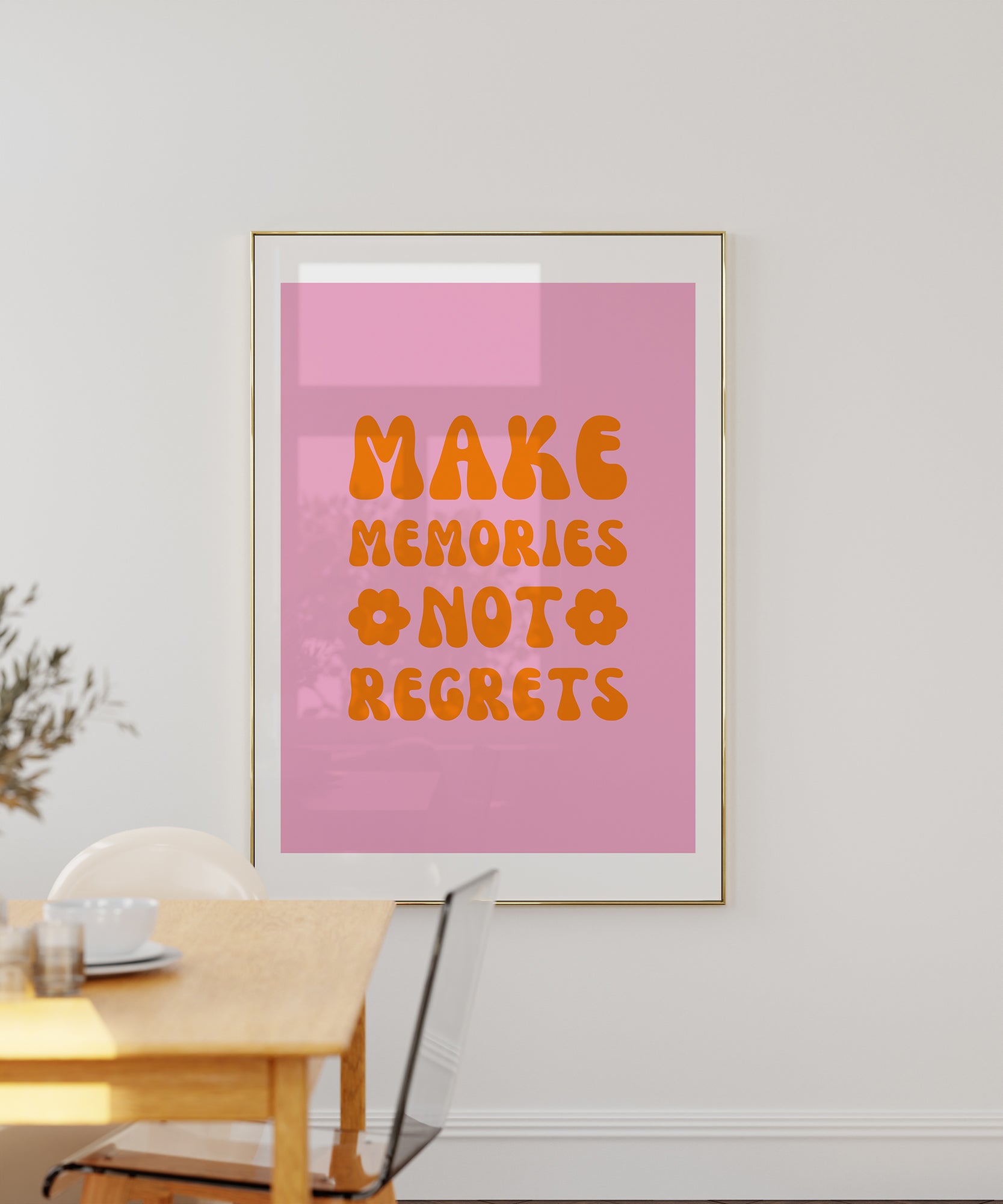Pink 'Make Memories' retro quote, cheerful minimalist prints for a unique aesthetic.