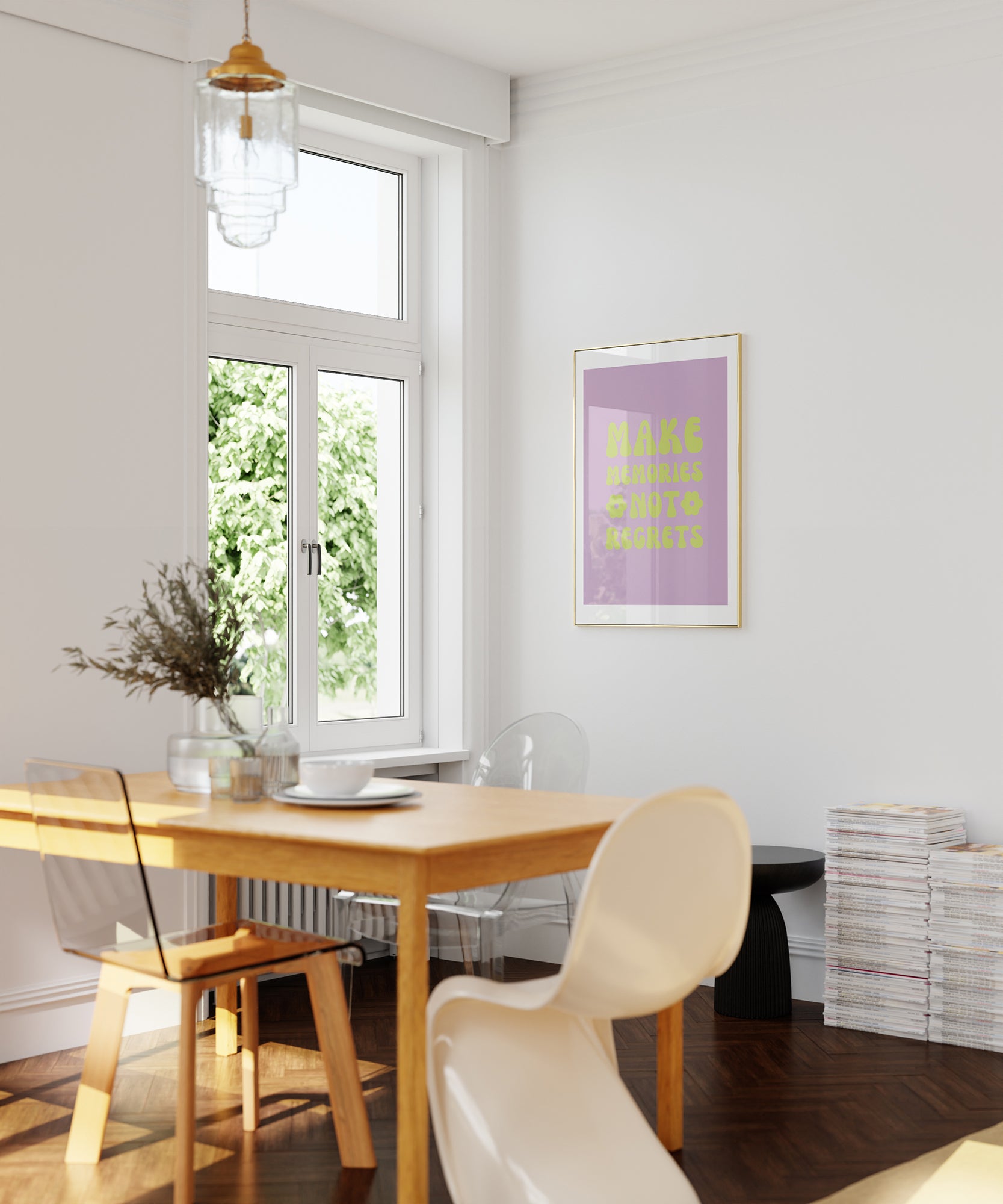 Purple 'Make Memories' retro design, vibrant aesthetic canvas-style print for a unique statement.