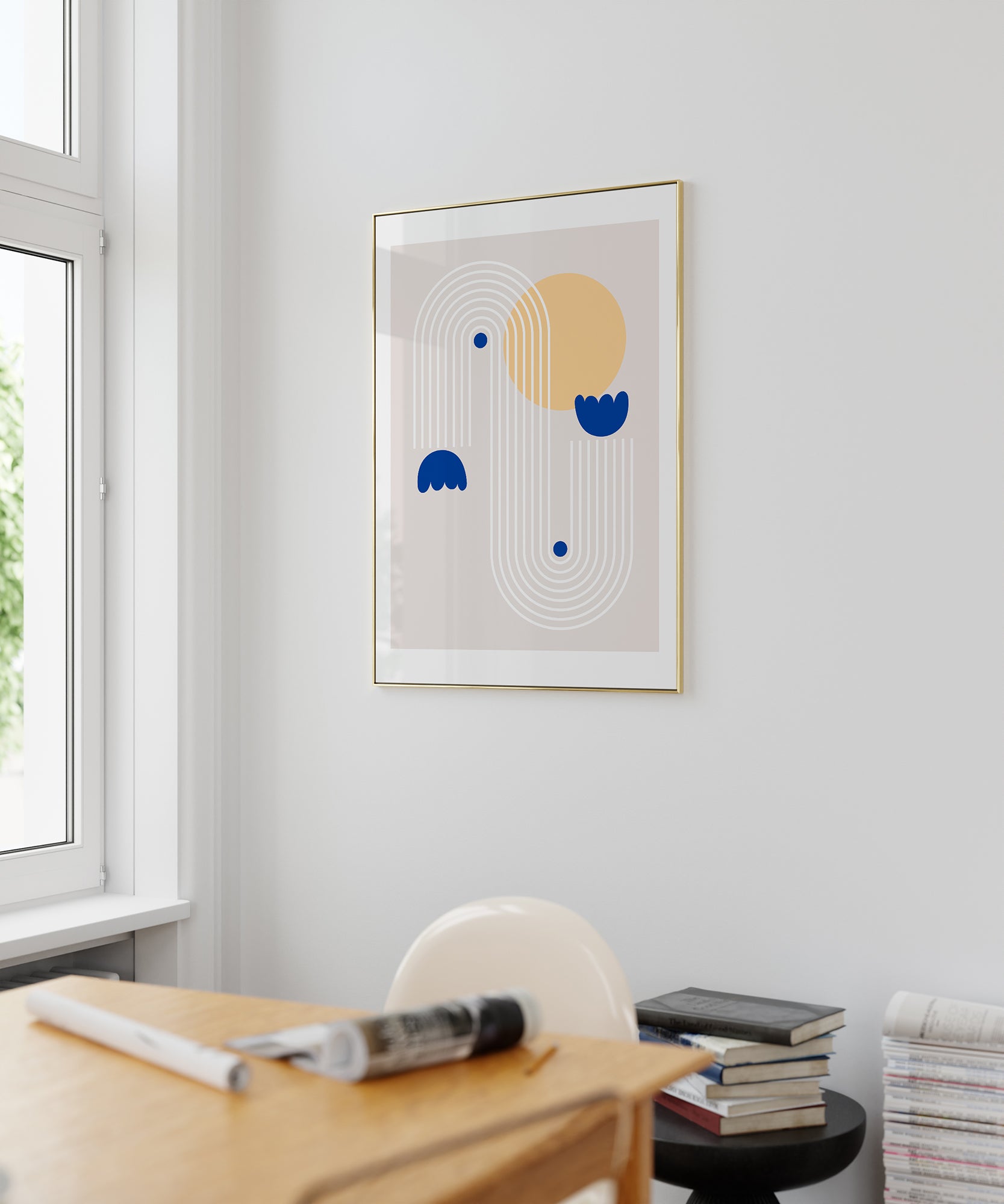 Cheerful abstract 'Sunny Day' design, framed abstract prints for a bright nursery aesthetic.