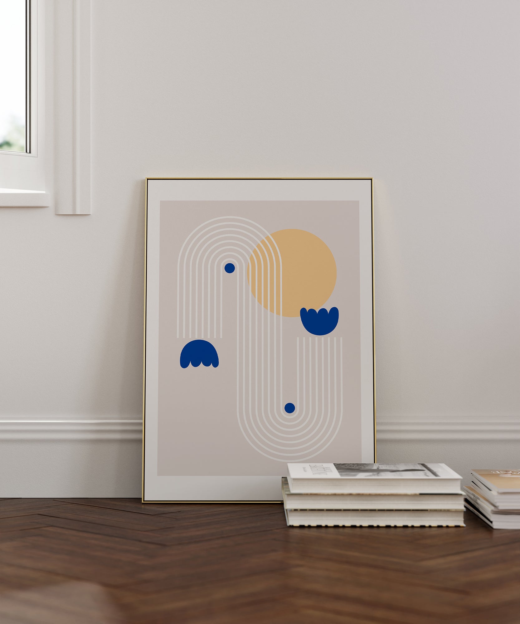 Cheerful abstract 'Sunny Day' design, framed abstract prints for a bright nursery aesthetic.