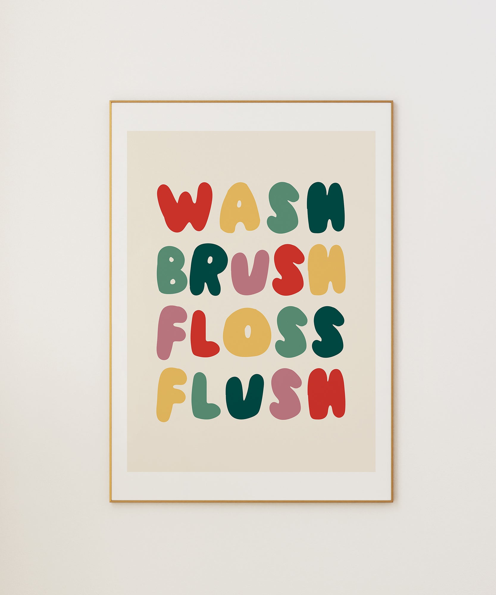 Floss Flush' humorous typography, modern wall art for a playful bathroom aesthetic.