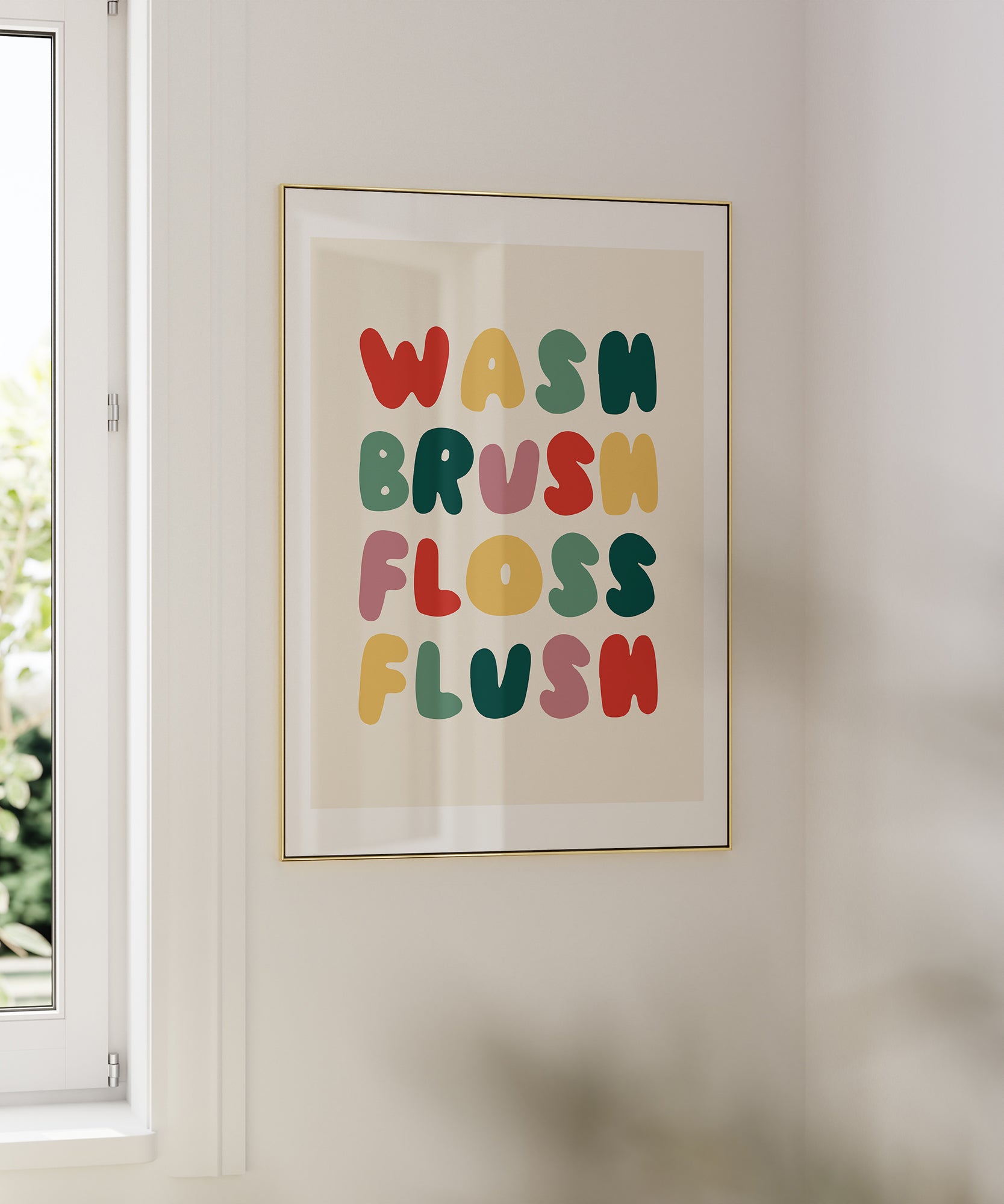 Floss Flush' humorous typography, modern wall art for a playful bathroom aesthetic.
