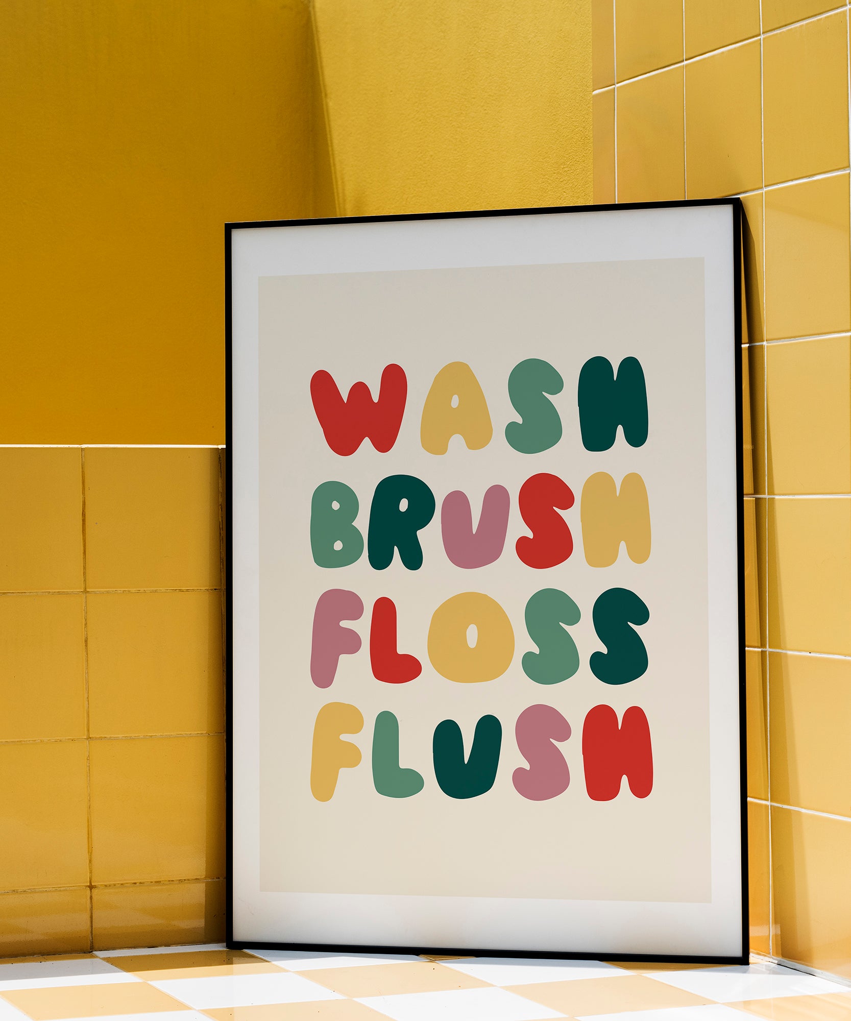 Floss Flush' humorous typography, modern wall art for a playful bathroom aesthetic.