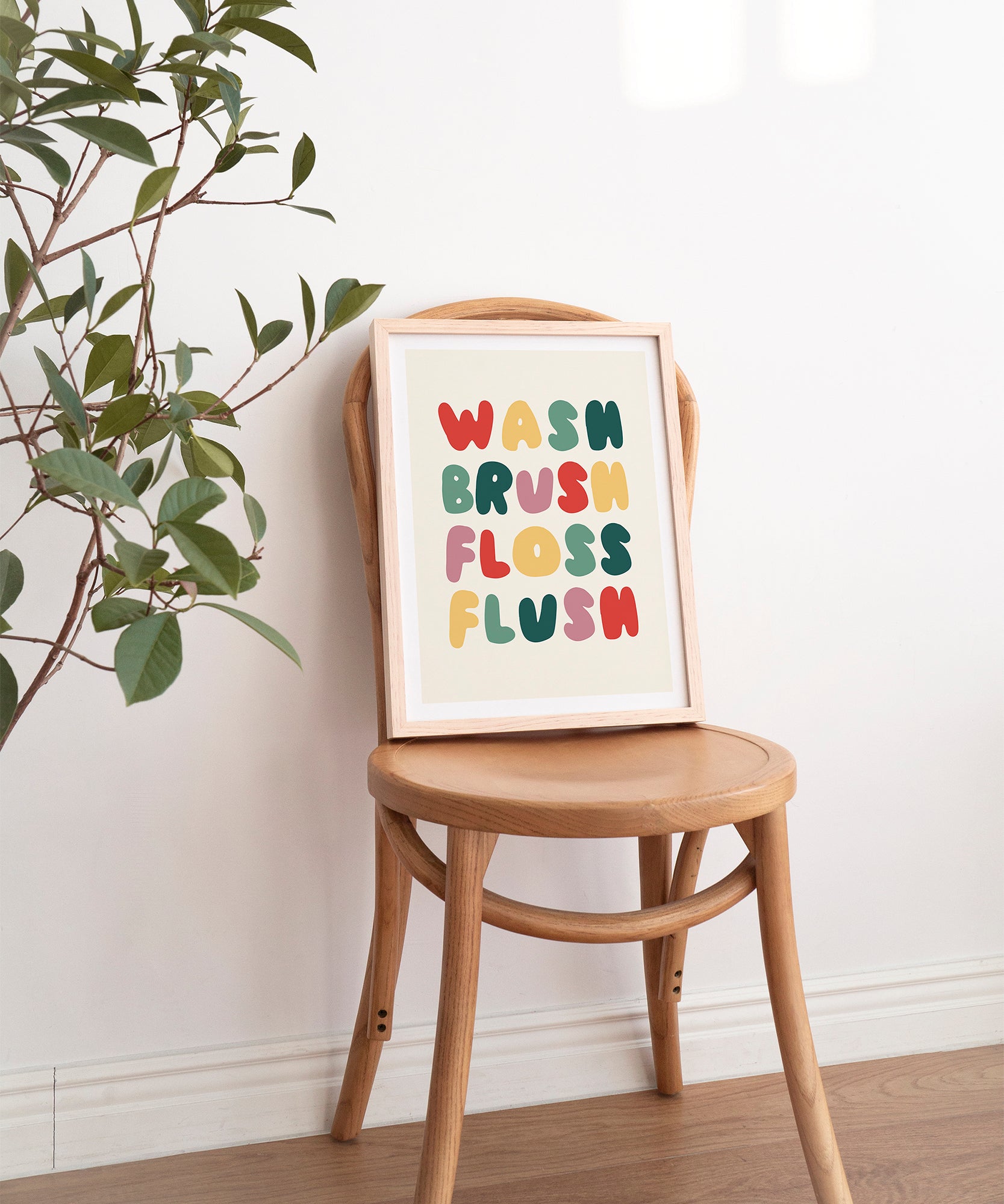 Floss Flush' humorous typography, modern wall art for a playful bathroom aesthetic.