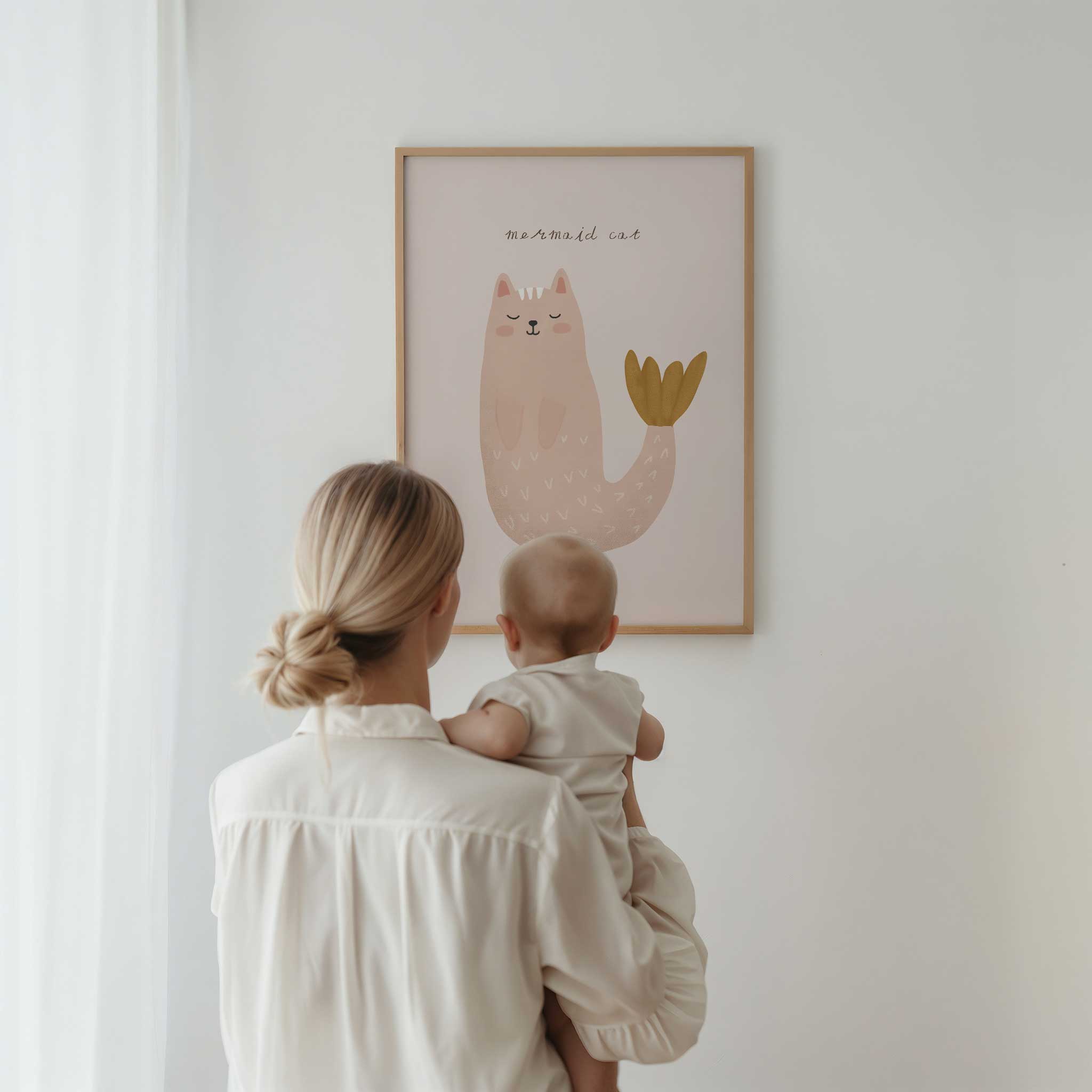Pastel Mermaid Cat art print, whimsical modern wall art for dreamy kids sea theme