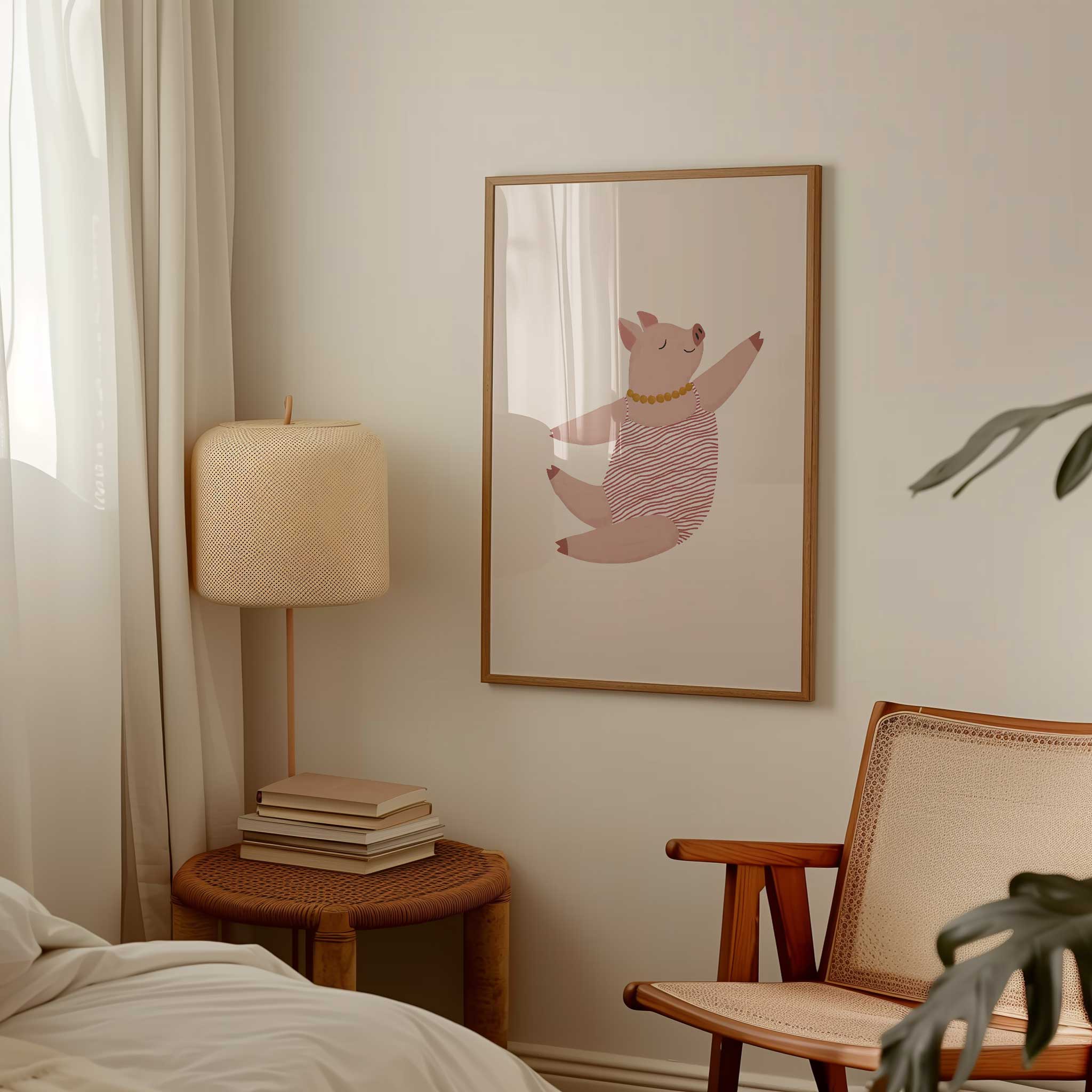 Whimsical Striped Swimsuit Piglet art print for nursery decor, animal-themed kids room