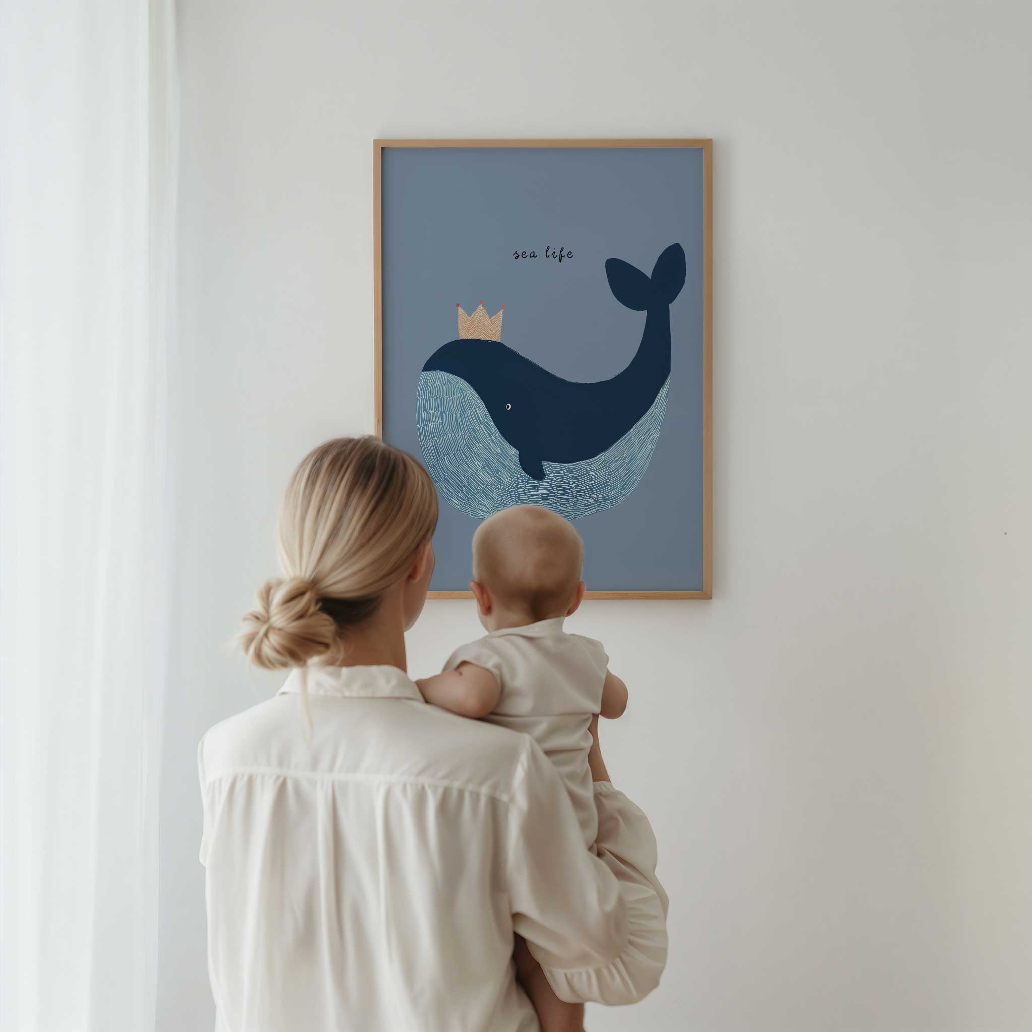 Playful Crowned Blue Whale illustration, royal minimalist print for ocean-themed kids room