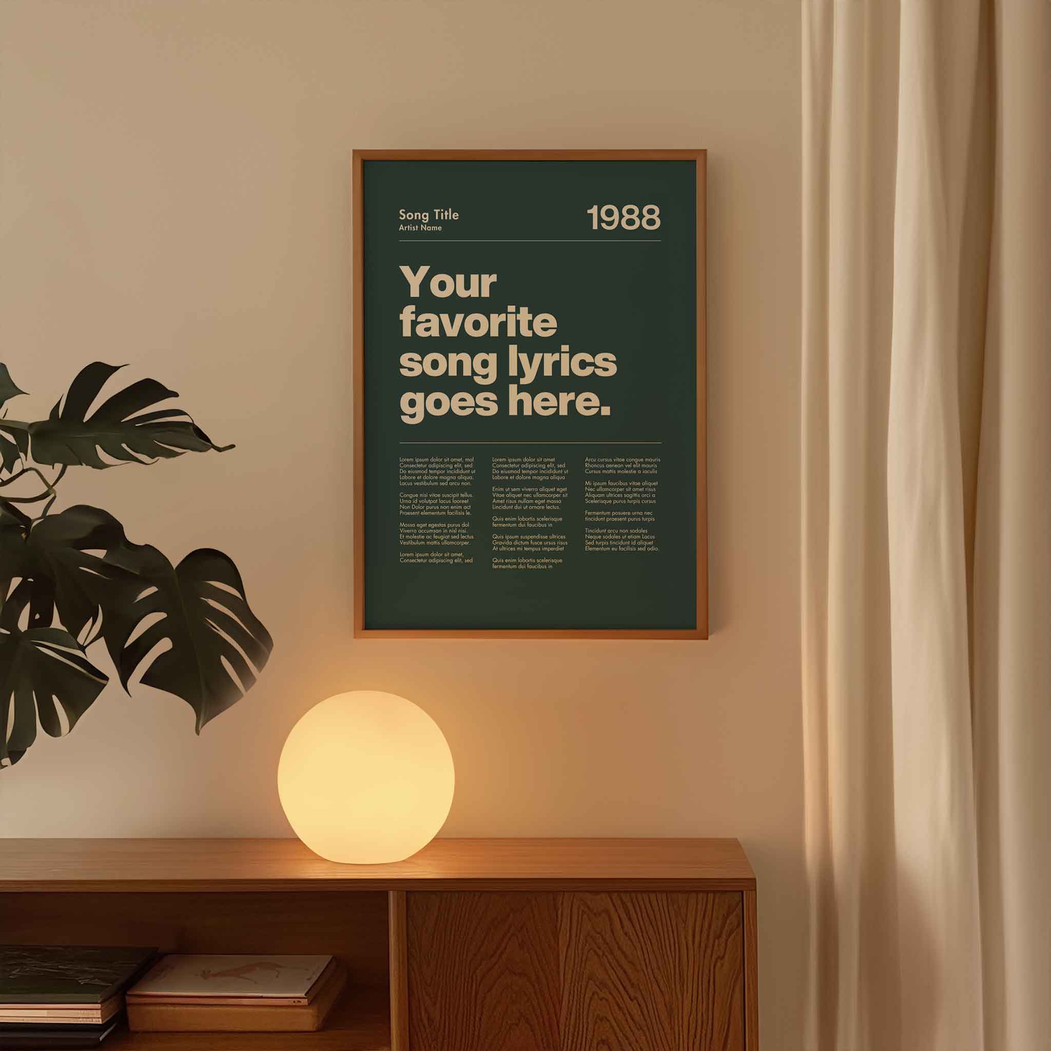 a poster hanging on a wall next to a plant