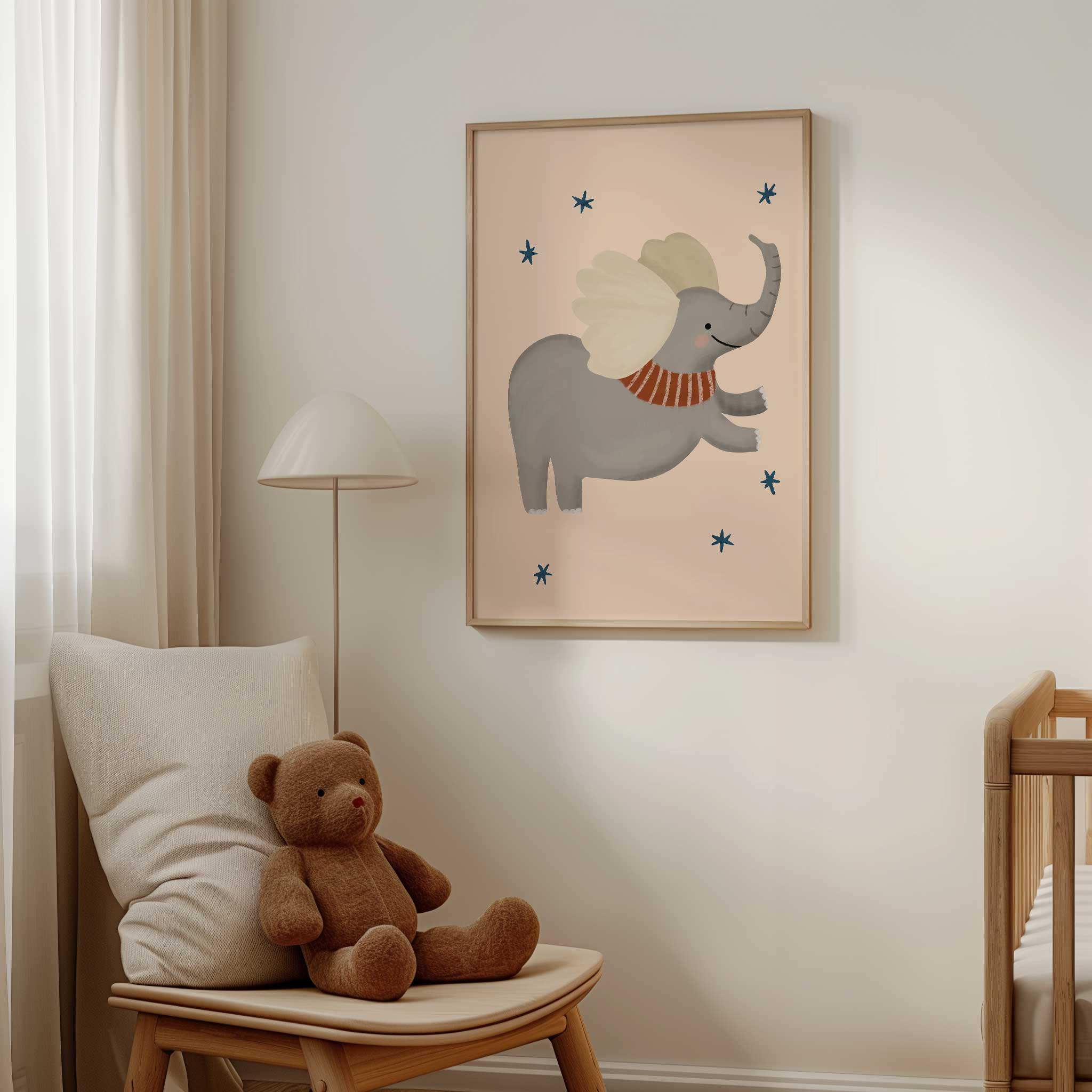 Dreamy Flying Elephant with cozy wings, magical minimalist print for imaginative bedtime nursery