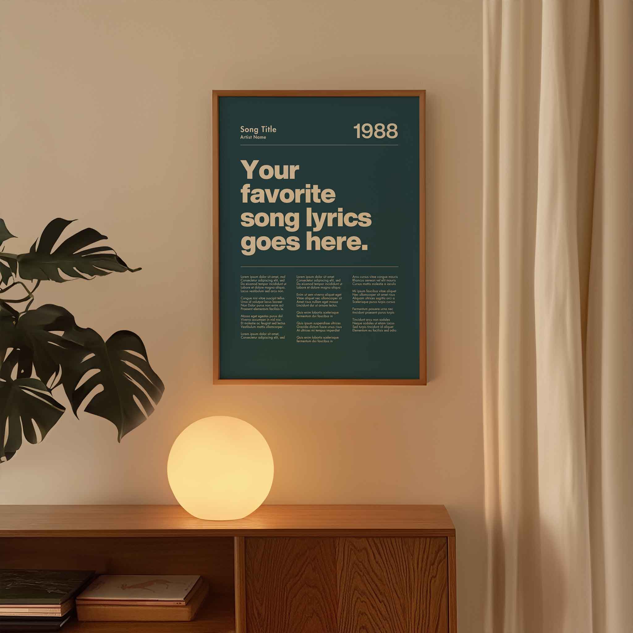 a poster on a wall next to a plant