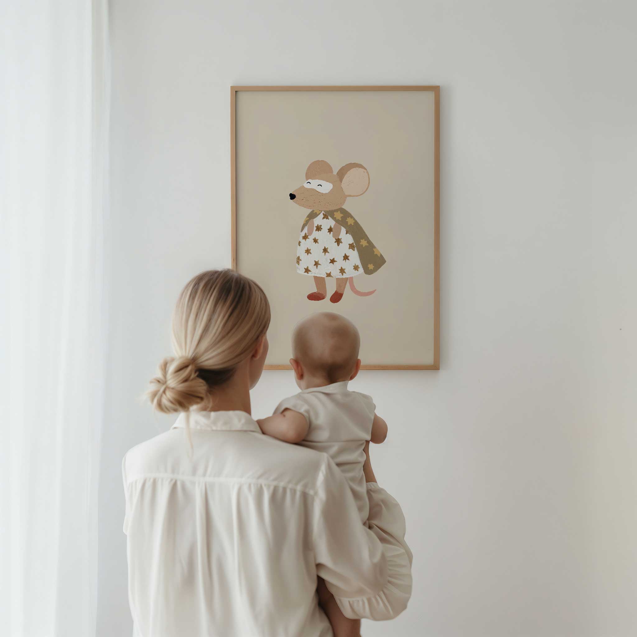 Smiling Star Cape Mouse in dress, magical modern wall art for whimsical kids room decor