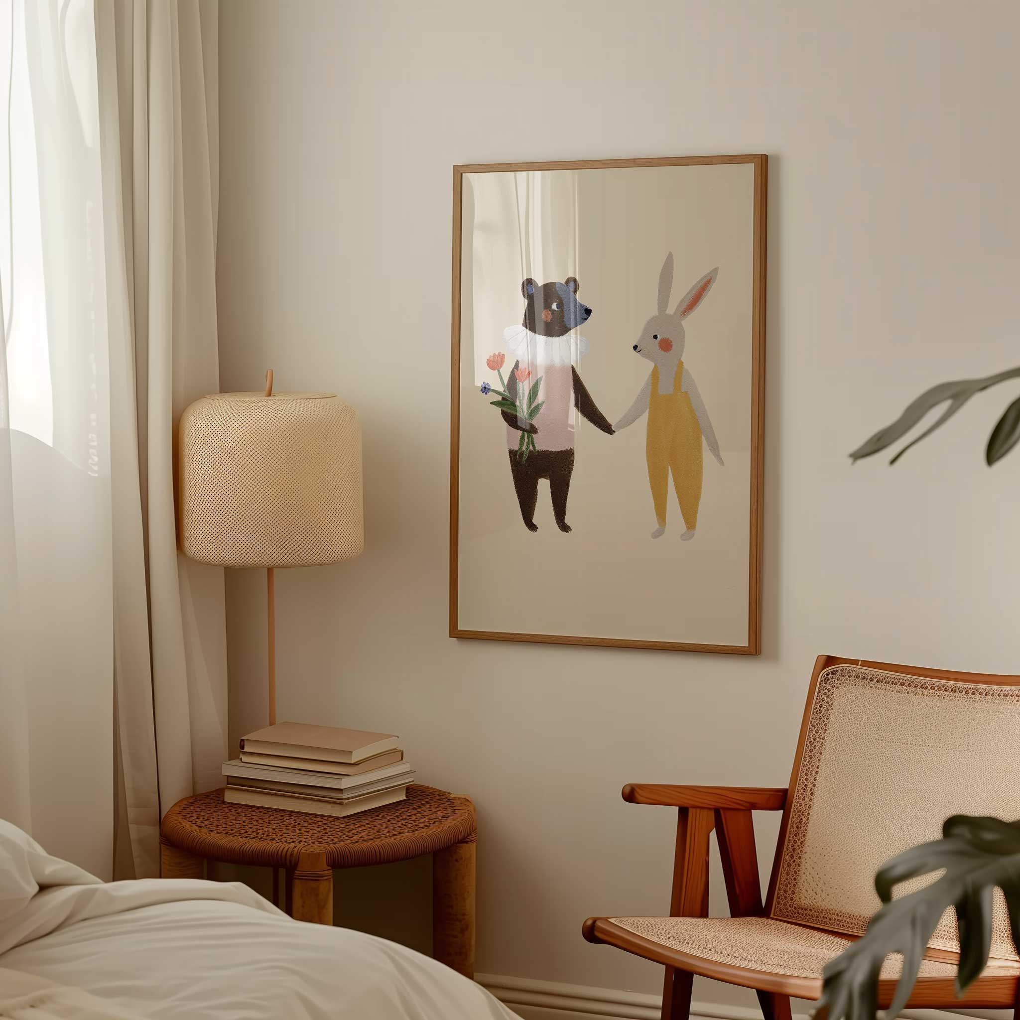 Heartwarming Bear and Bunny Friends illustration, minimalist print for sibling room decor