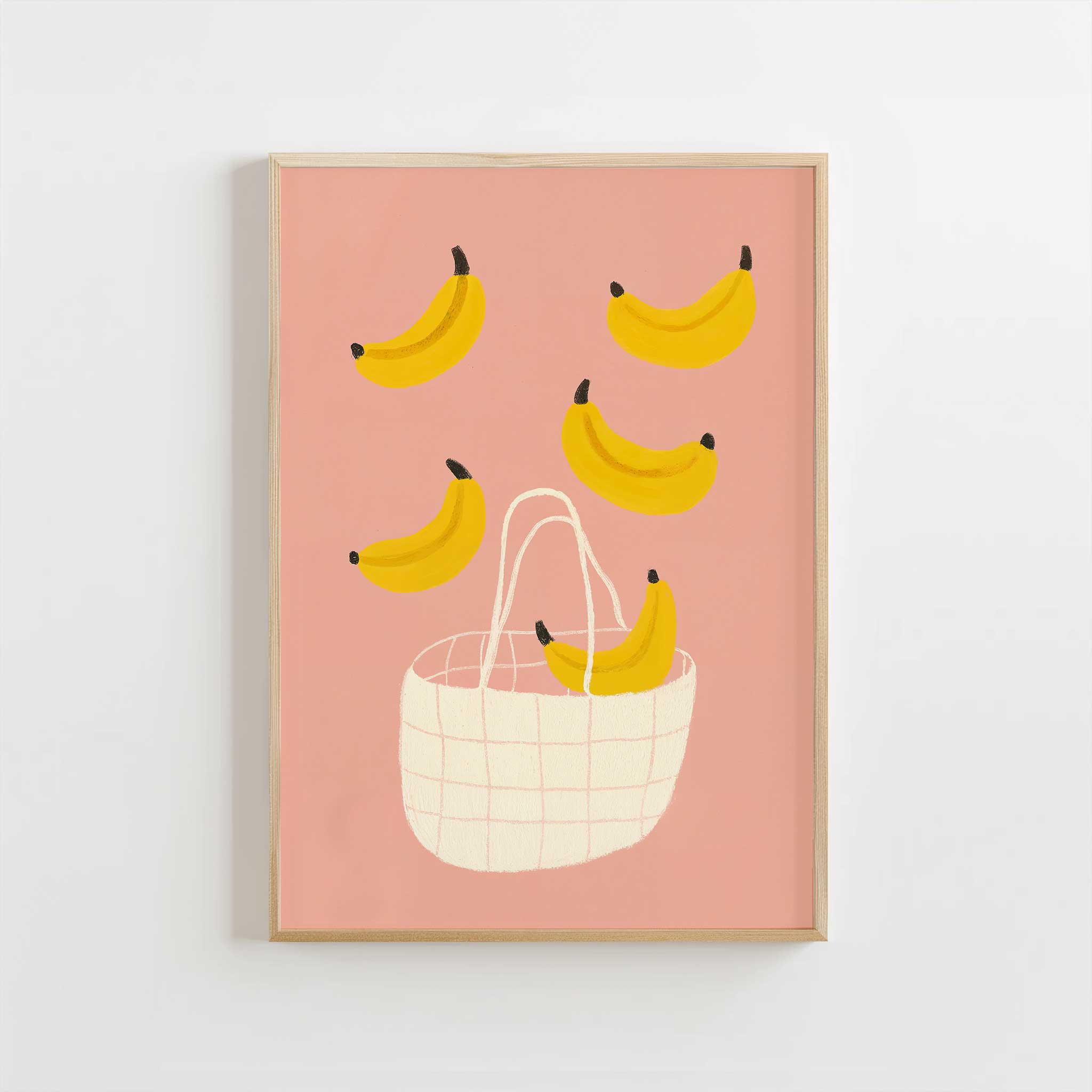 Playful Bananas in Basket illustration, colorful minimalist print for kitchen or kids room