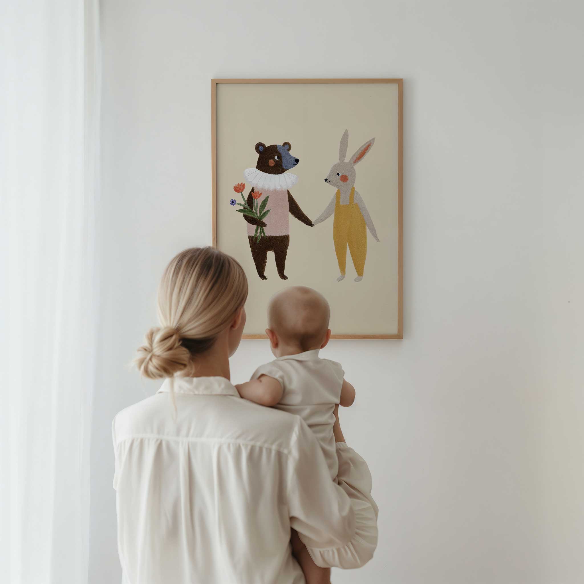 Heartwarming Bear and Bunny Friends illustration, minimalist print for sibling room decor