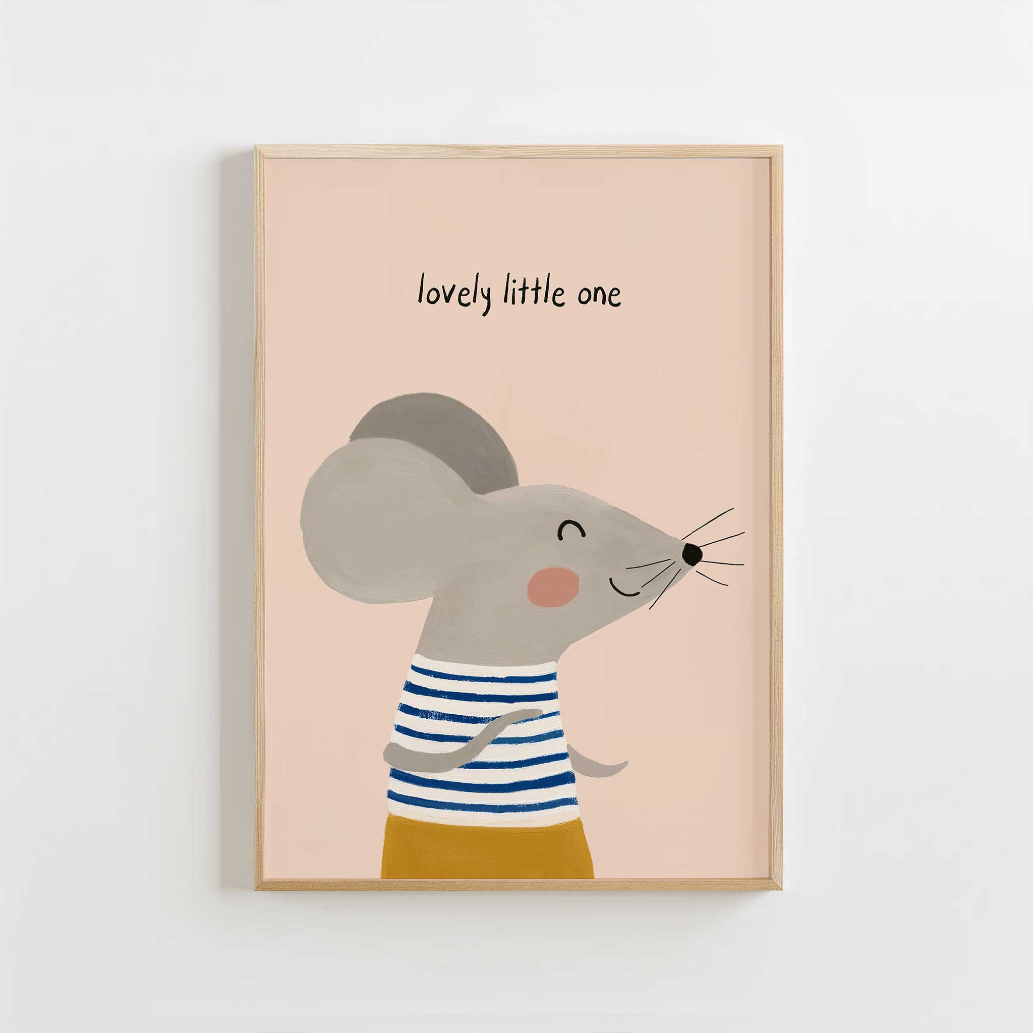 Sweet Smiling Mouse in striped shirt 'Lovely Little One', gentle aesthetic print for joyful playroom
