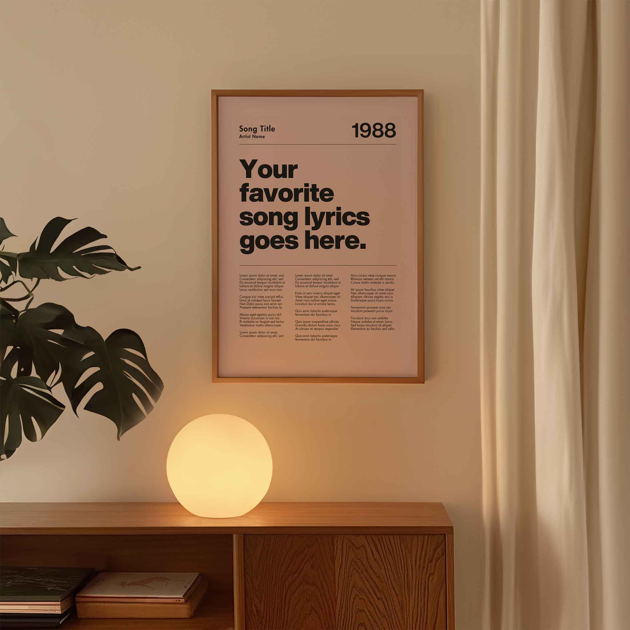 a poster hanging on a wall next to a plant