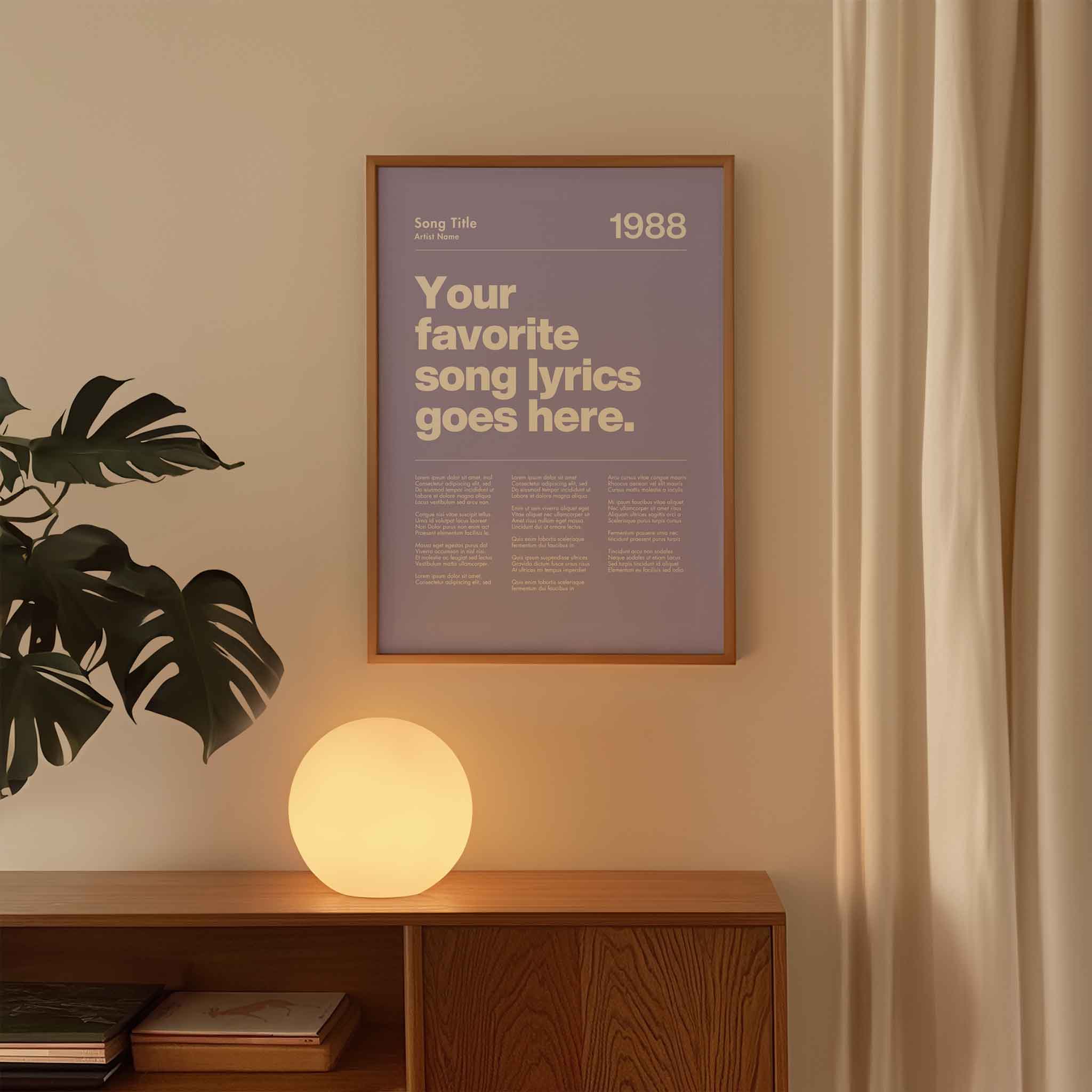 a poster hanging on a wall next to a plant