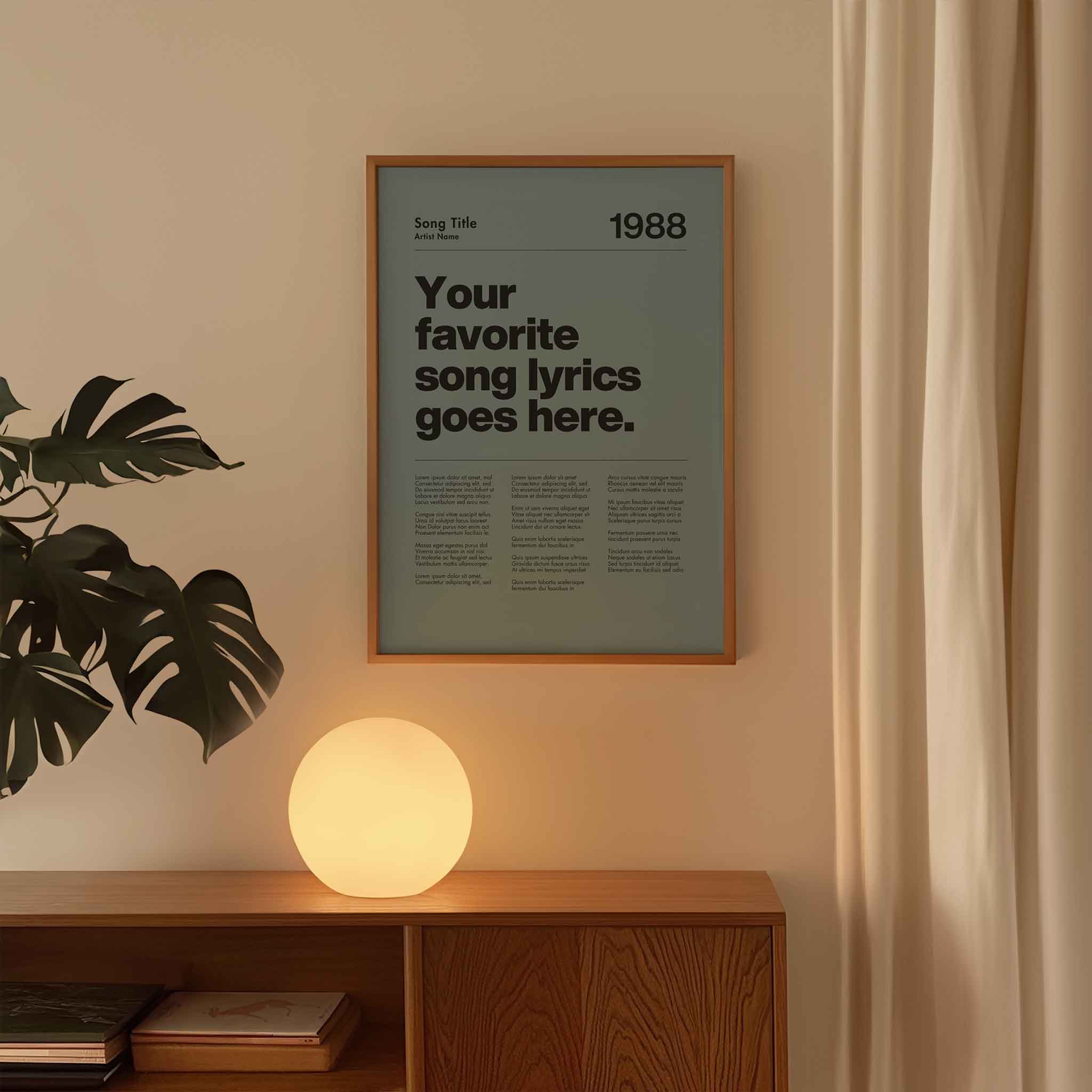 a poster on a wall next to a plant