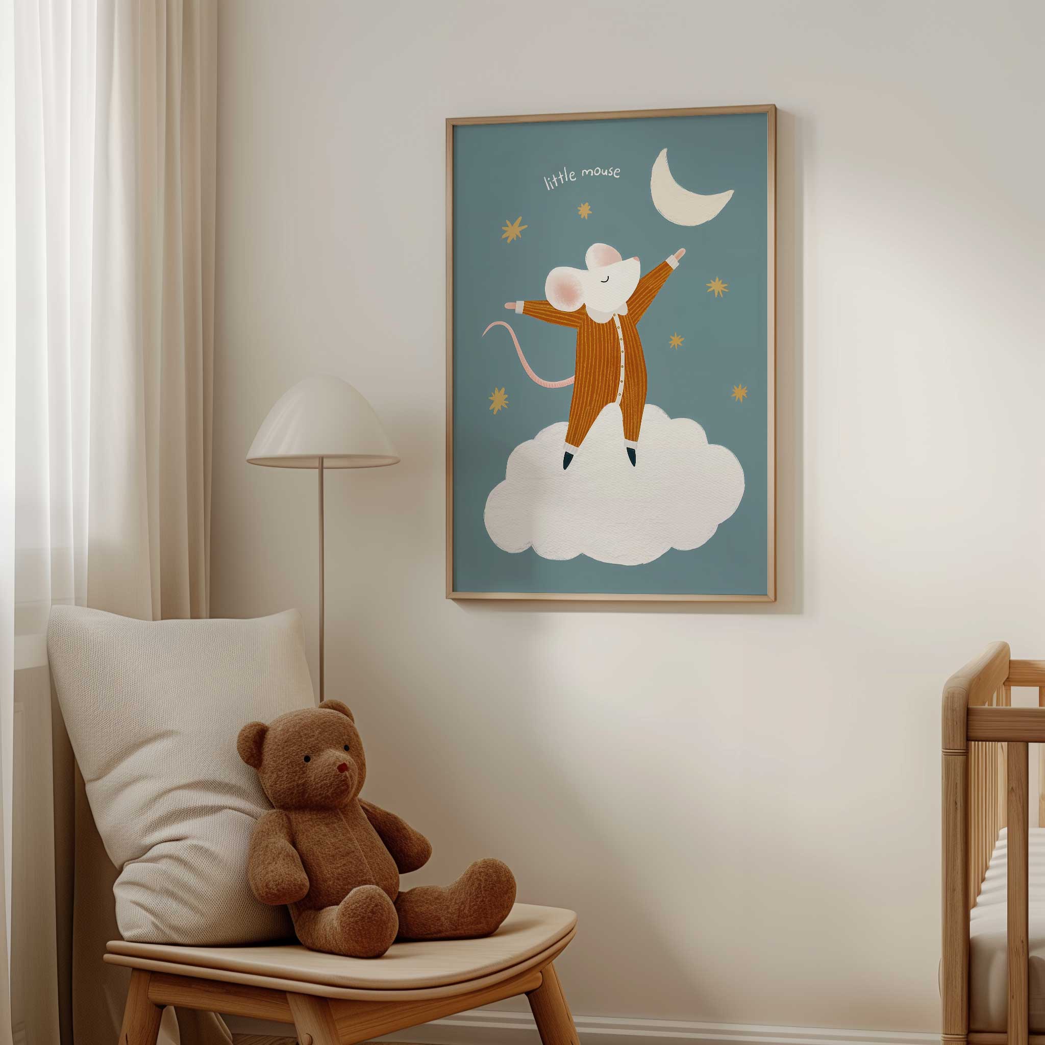 Adorable Little Dreamer Mouse on cloud, dreamy modern wall art for celestial themed nursery