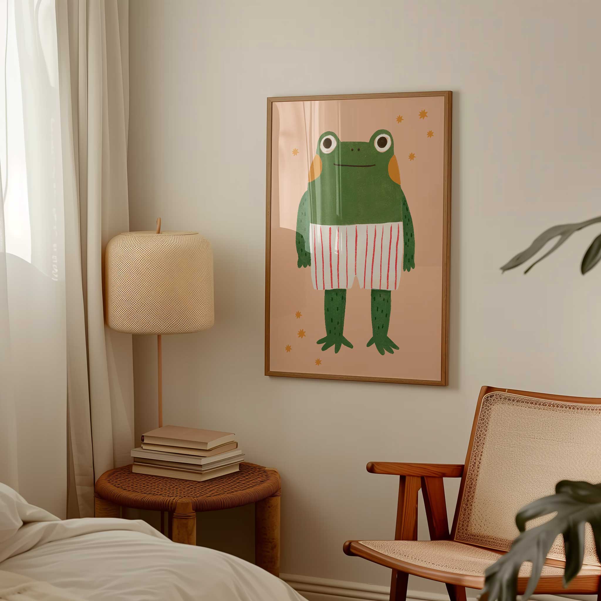 Quirky Green Frog in Striped Shorts, cheerful minimalist print for playroom decor